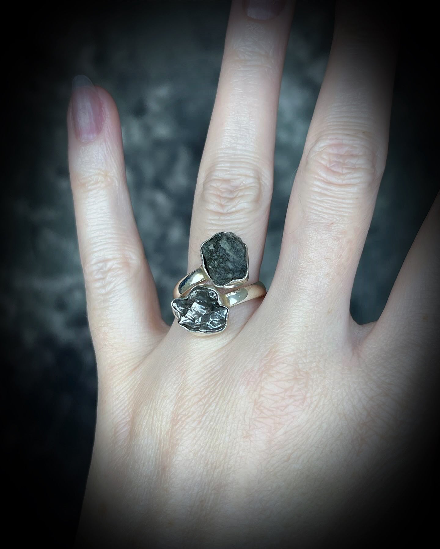 Moldavite and Meteorite Adjustable Sterling Silver Ring