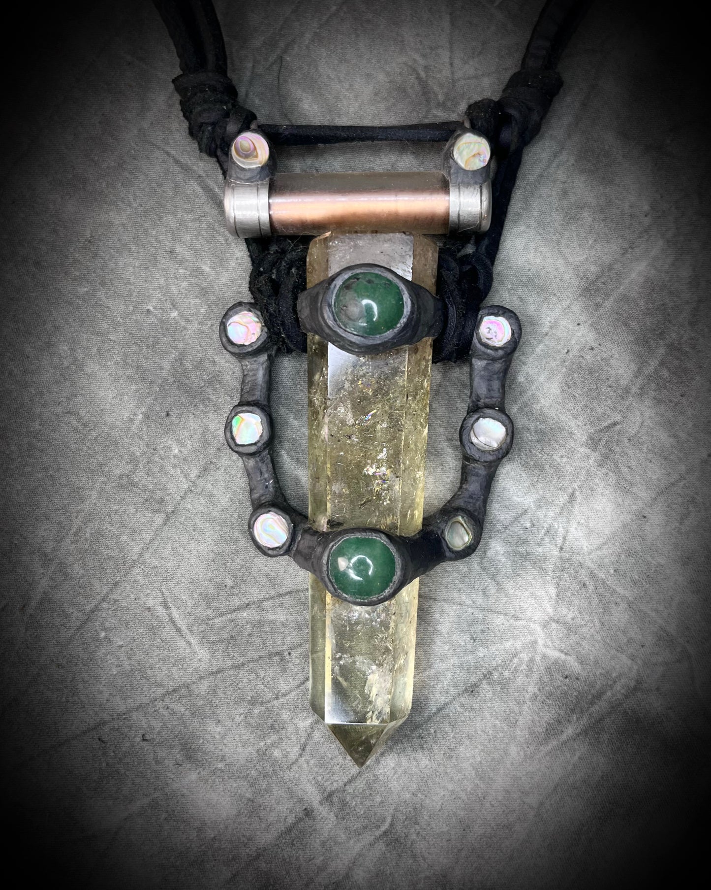 Handmade citrine, jade, mother of pearl leather gemstone necklace, artisanal and organic jewelry for her. Lgbtqia artist made, trans made.
