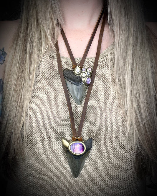 Fantasy inspired handmade Megalodon Fossil Shark Tooth Talisman necklace with Moonstone, Spinel, Tourmaline and brown Leather for meditation, spiritual practice and everyday magic.