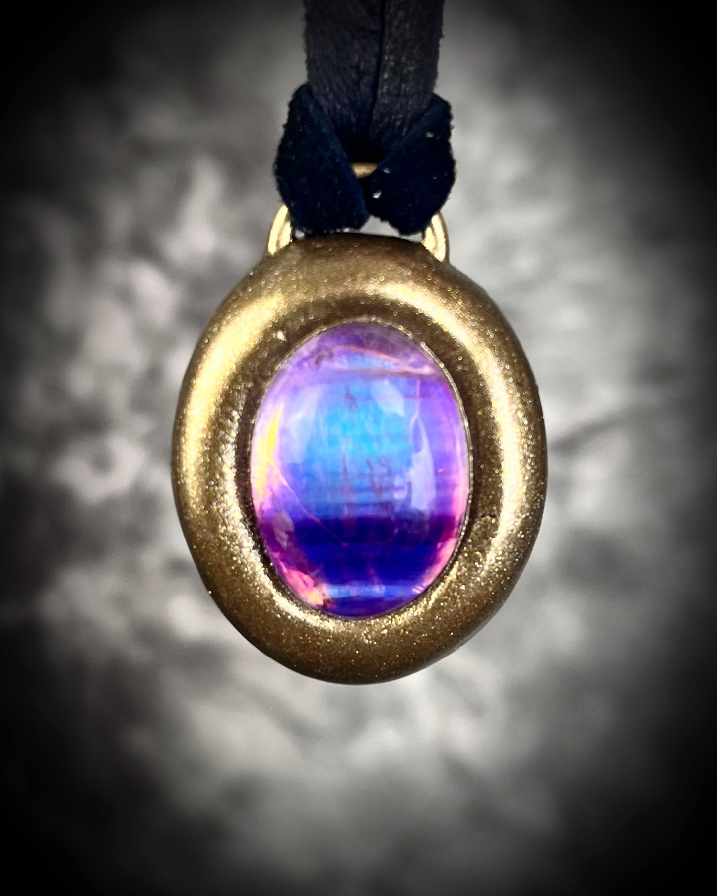 Fluorite cabochon oval necklaces in gold tone settings on black leather – mystical crystal jewelry for clarity, focus, and balance. Handmade gemstone pendant talismans, grounding and protective fluorite statement necklaces, perfect spiritual jewelry for daily wear, meditation, or gifting.