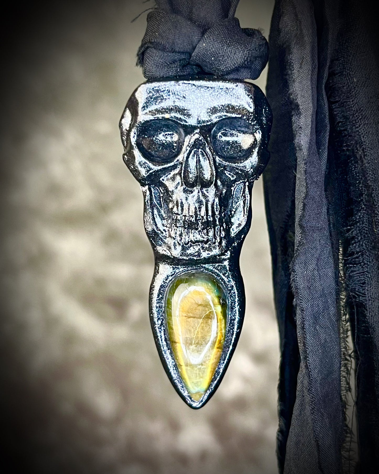 Labradorite crystal skull necklace on black leather or black recycled silk, fall 2025 gift for her.