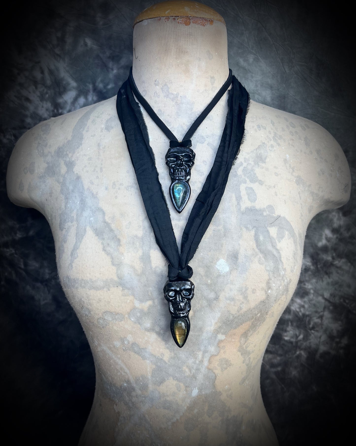 labradorite crystal skull necklace on black leather or black recycled silk, fall 2025 gift for her.