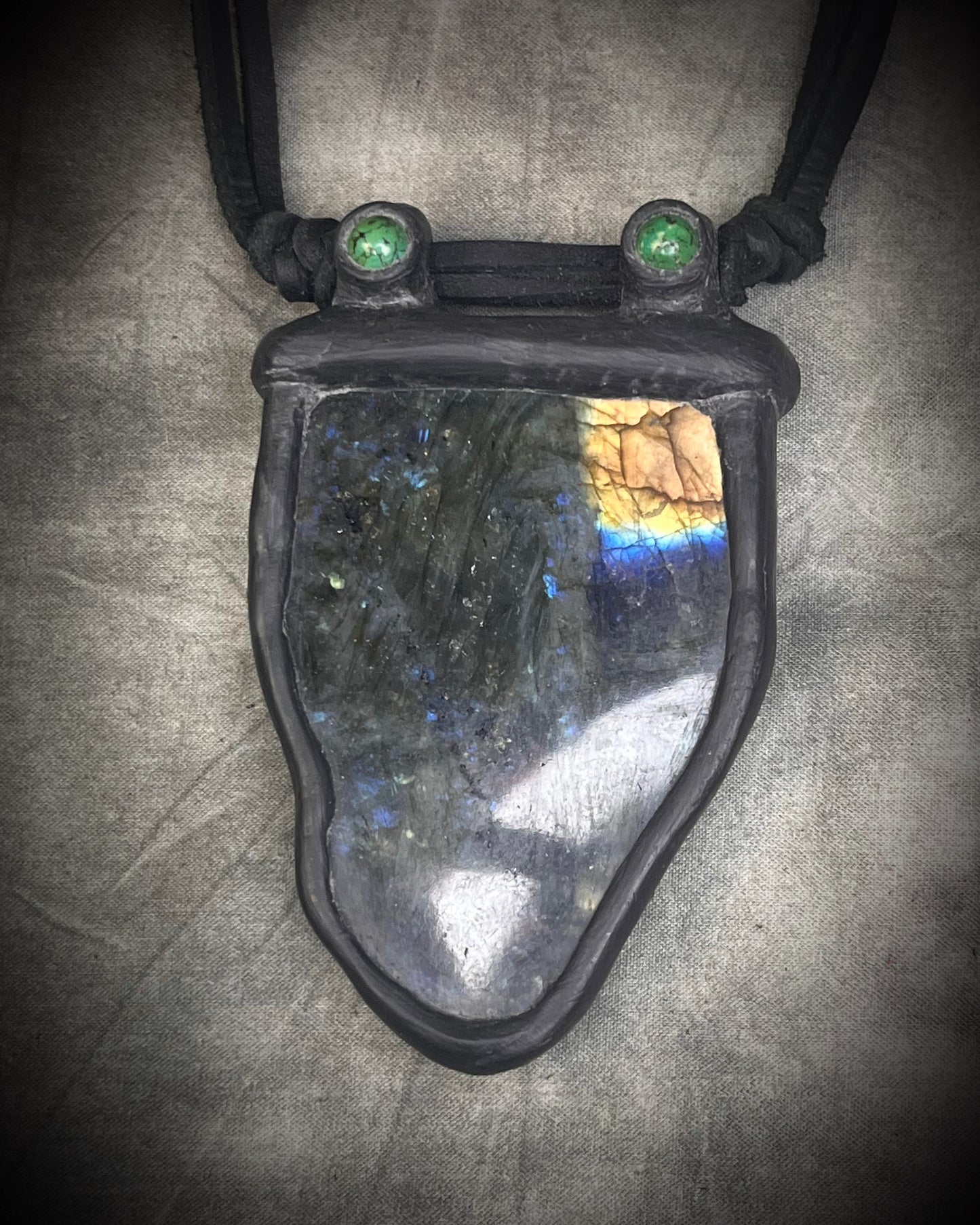 Handmade leather crystal necklace with labradorite and green chrysocolla featuring a handmade wire clasp by Anothai Hansen.