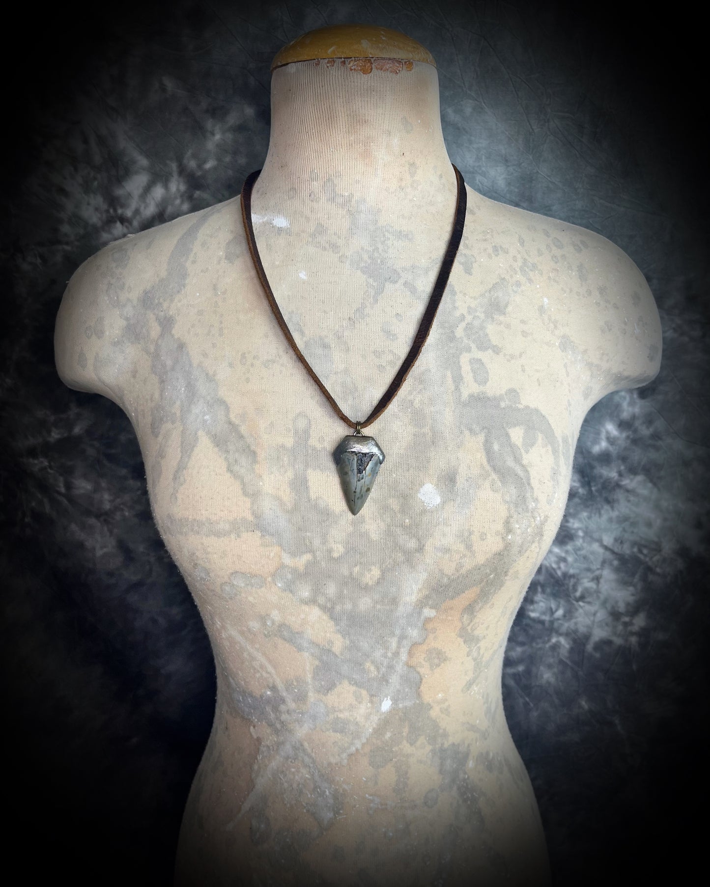 Handmade shark tooth necklace with genuine fossil on brown leather, statement coastal jewelry with mystical ocean energy.