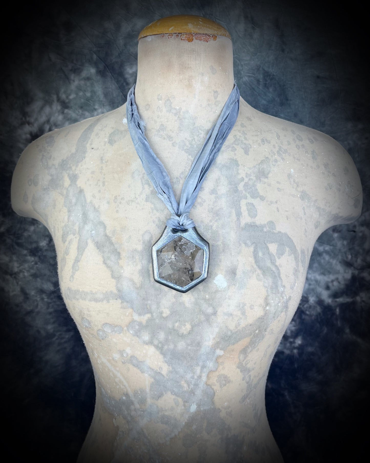 Quartz hexagon handmade star of david, crystal healing necklace. Silver crystal necklace on grey recycled silks. Spiritual quartz hexagon pendant. Eco-friendly festival jewelry.