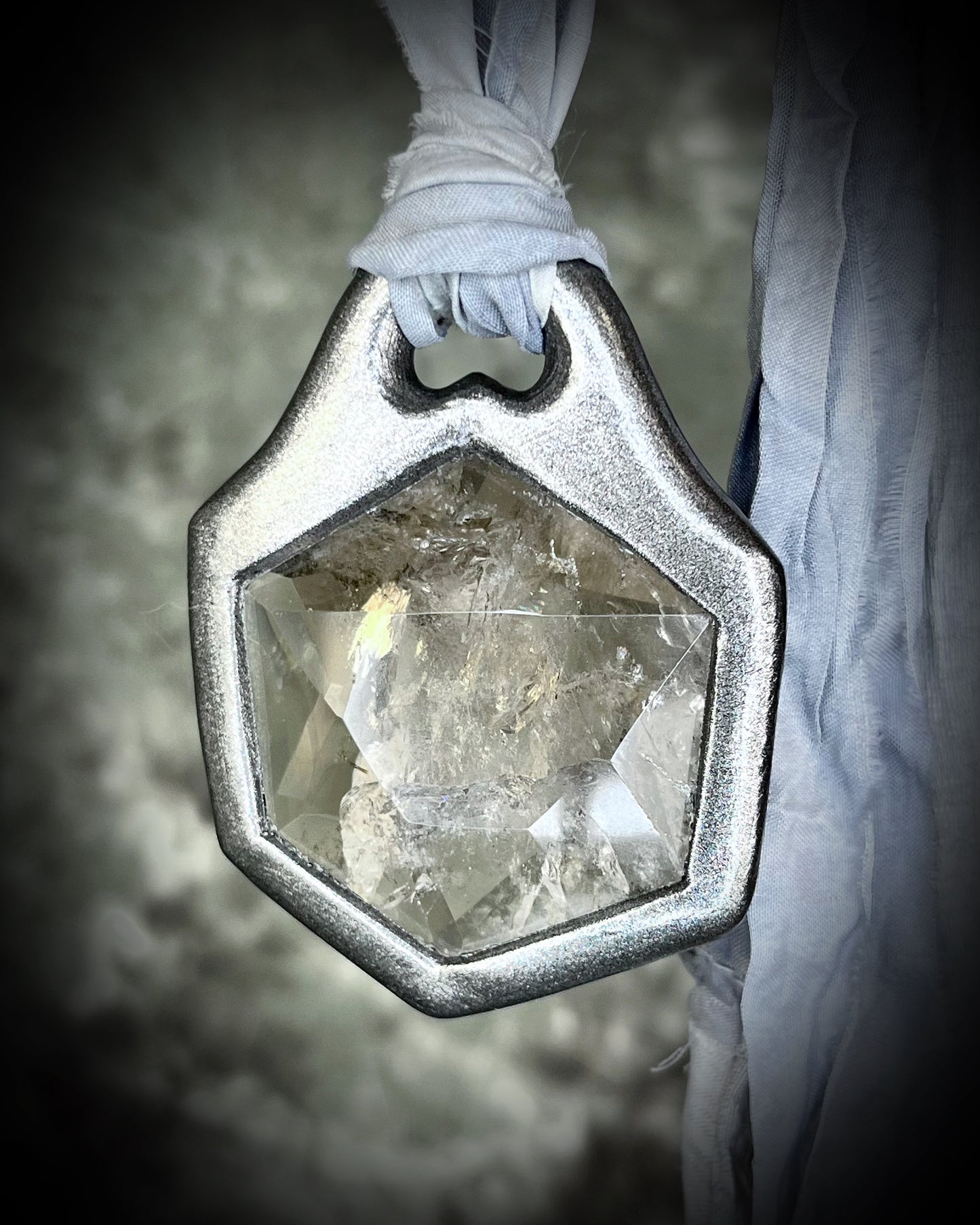 Quartz hexagon handmade star of david, crystal healing necklace. Silver crystal necklace on grey recycled silks. Spiritual quartz hexagon pendant. Eco-friendly festival jewelry.
