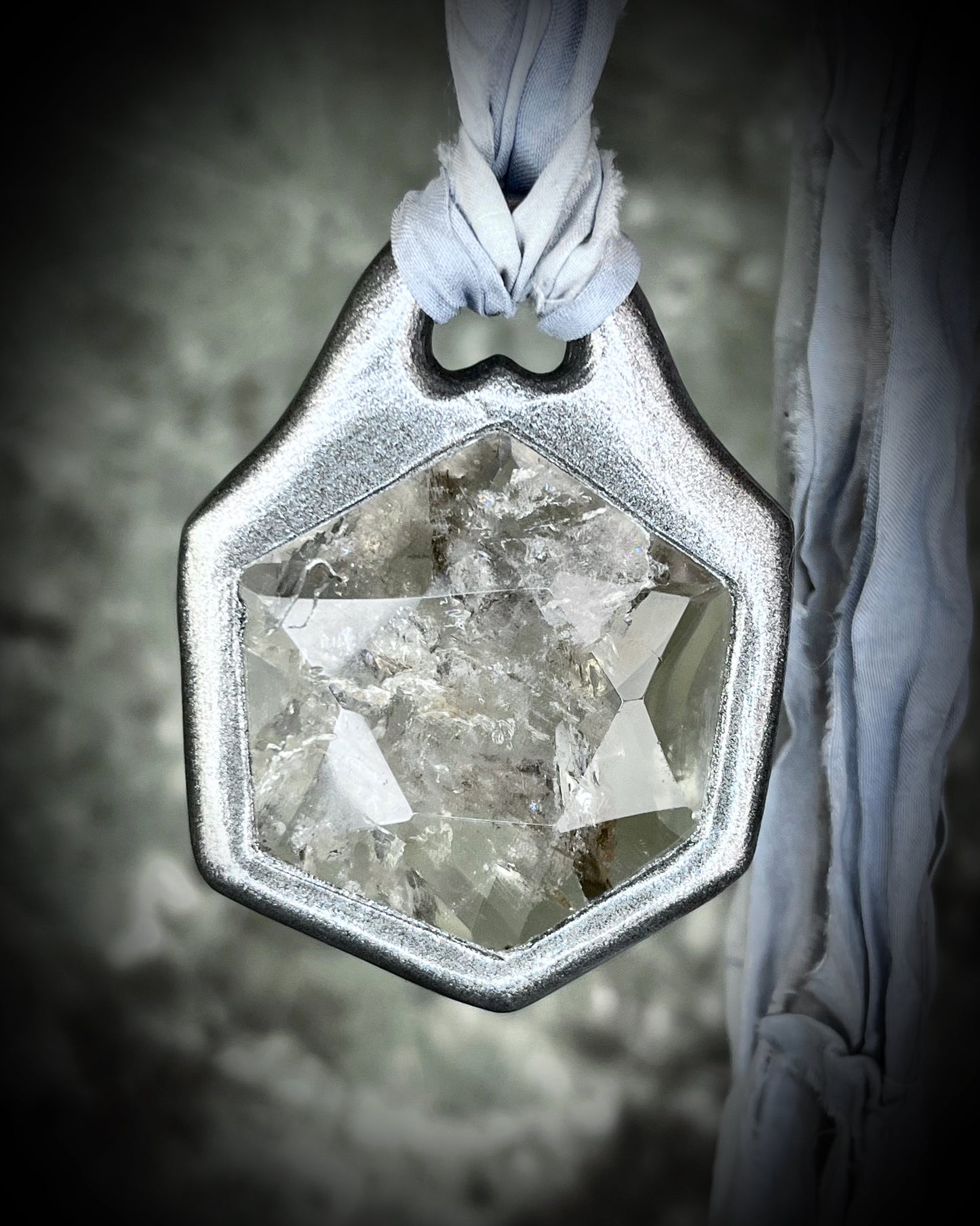 Quartz hexagon handmade star of david, crystal healing necklace. Silver crystal necklace on grey recycled silks. Spiritual quartz hexagon pendant. Eco-friendly festival jewelry.