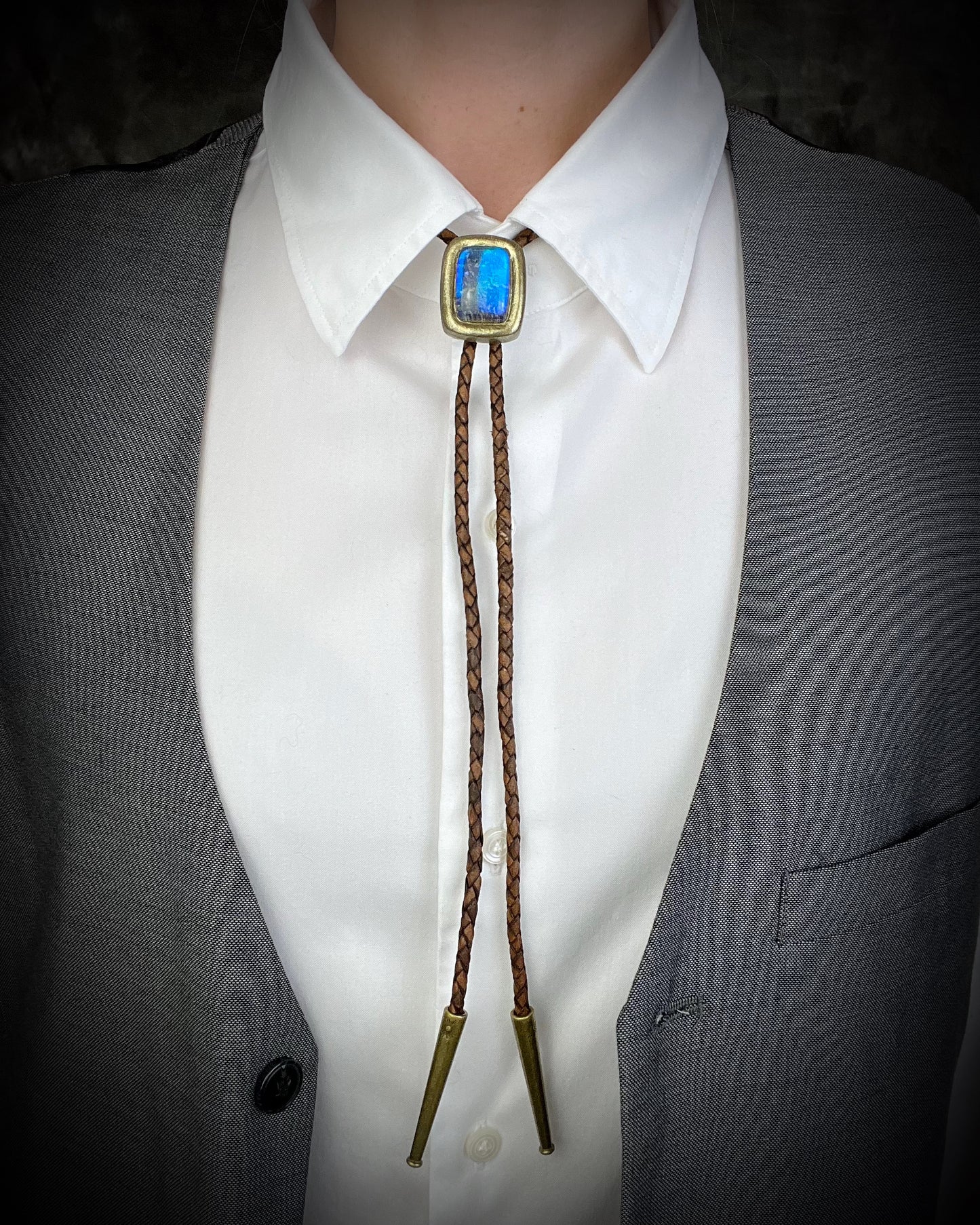 Labradorite and Quartz doublet gold bolo tie on brown leather – artisan crystal bolo necklace, mystical men’s bolo tie, handmade gemstone statement jewelry.