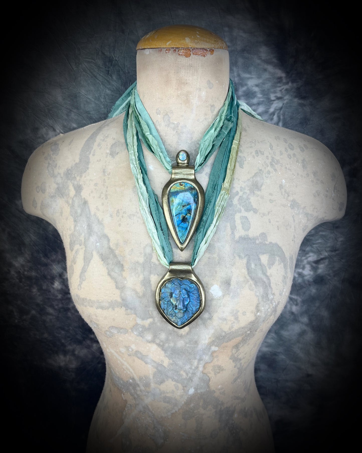 Labradorite and opal gemstone handmade crystal healing talisman on aqua recycled silks. Boho summer festival jewelry for the modern goddess.