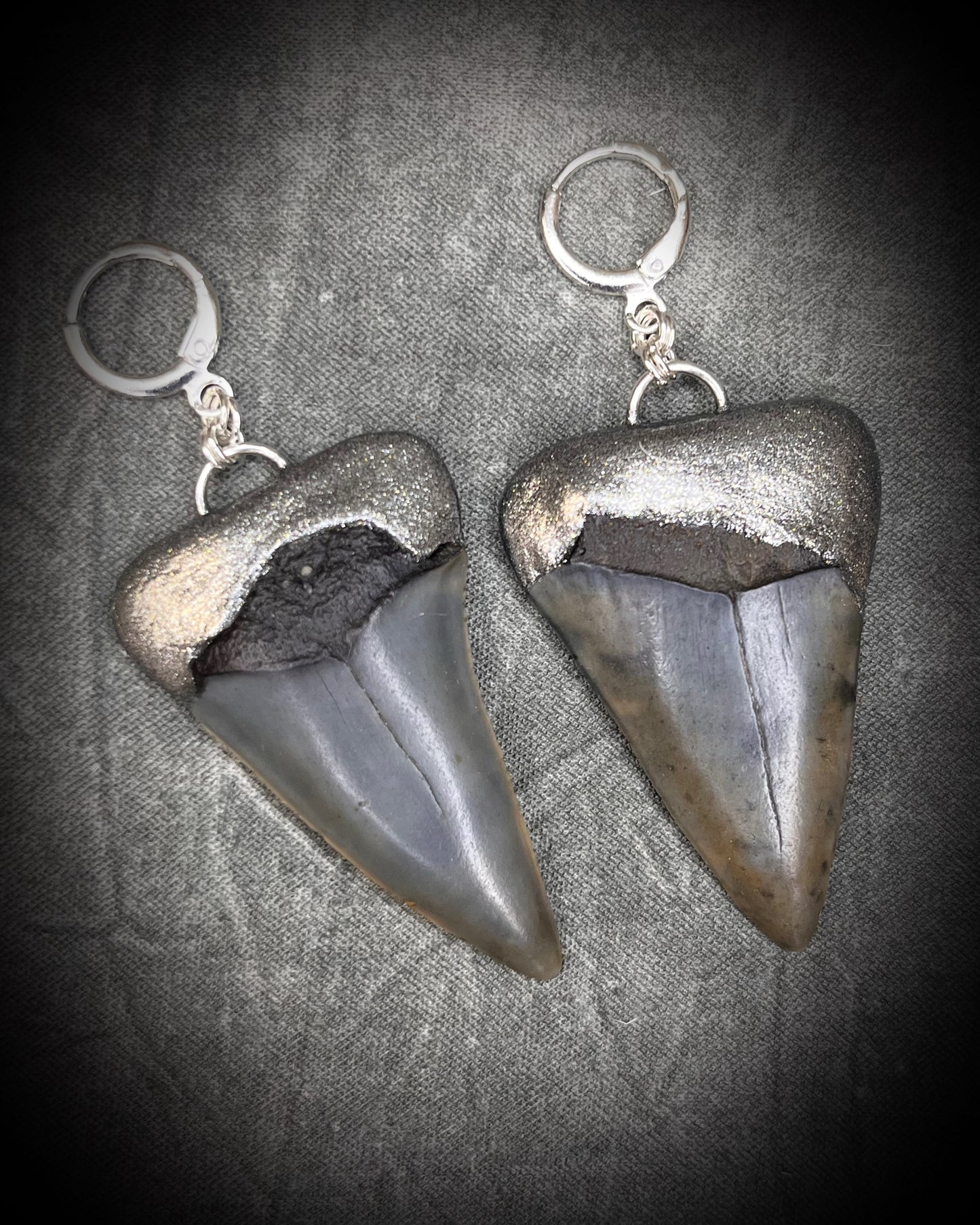 Mako shark tooth fossil earrings in silver finish with sterling-plated huggie hooks, ocean-inspired statement fossil jewelry handmade in Baltimore Maryland