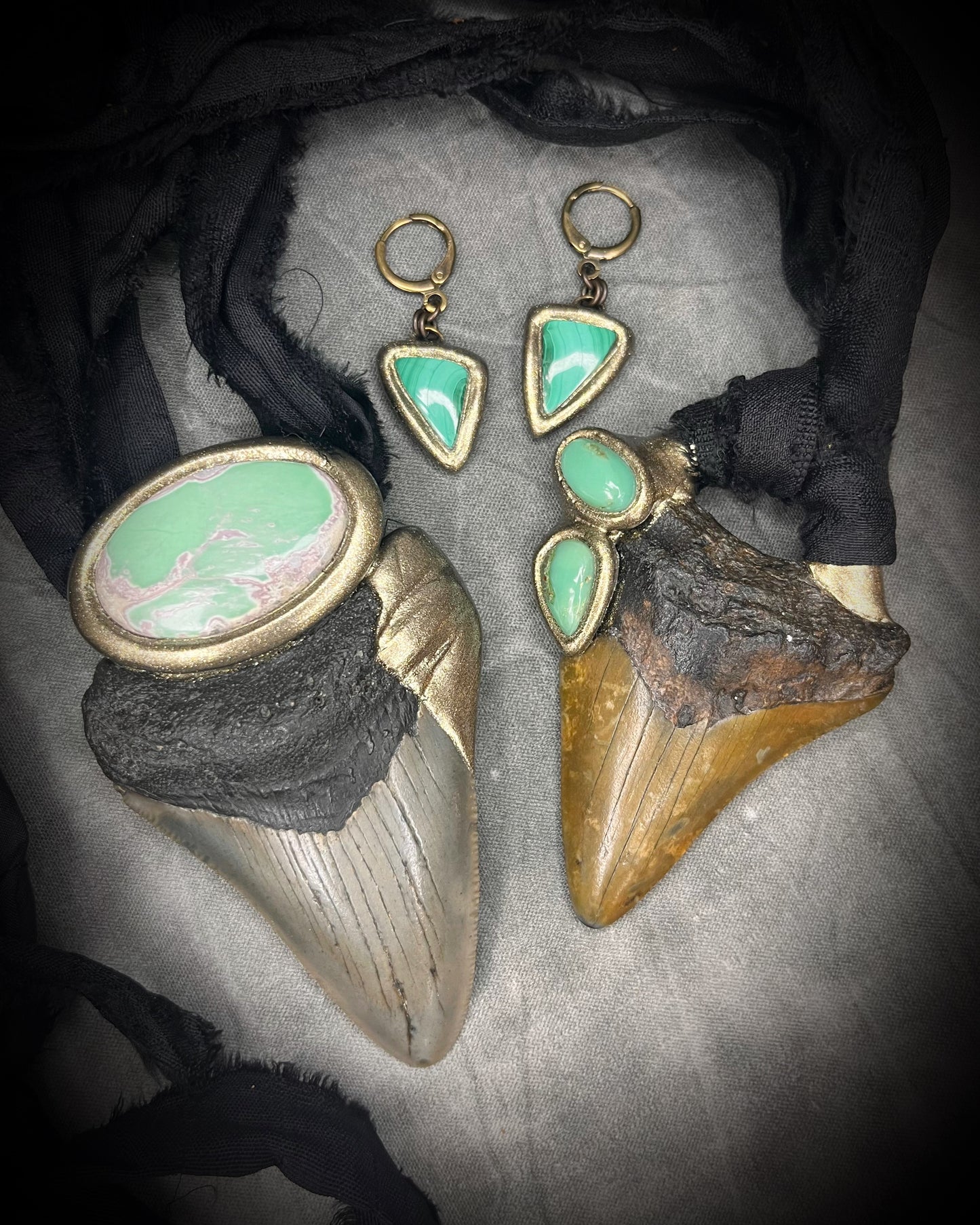 Megalodon Tooth Fossil & Variscite Necklace on Black Recycled Silk in Gold Finish Shown here with mathcing malachite earrings and another fossil pendant.
