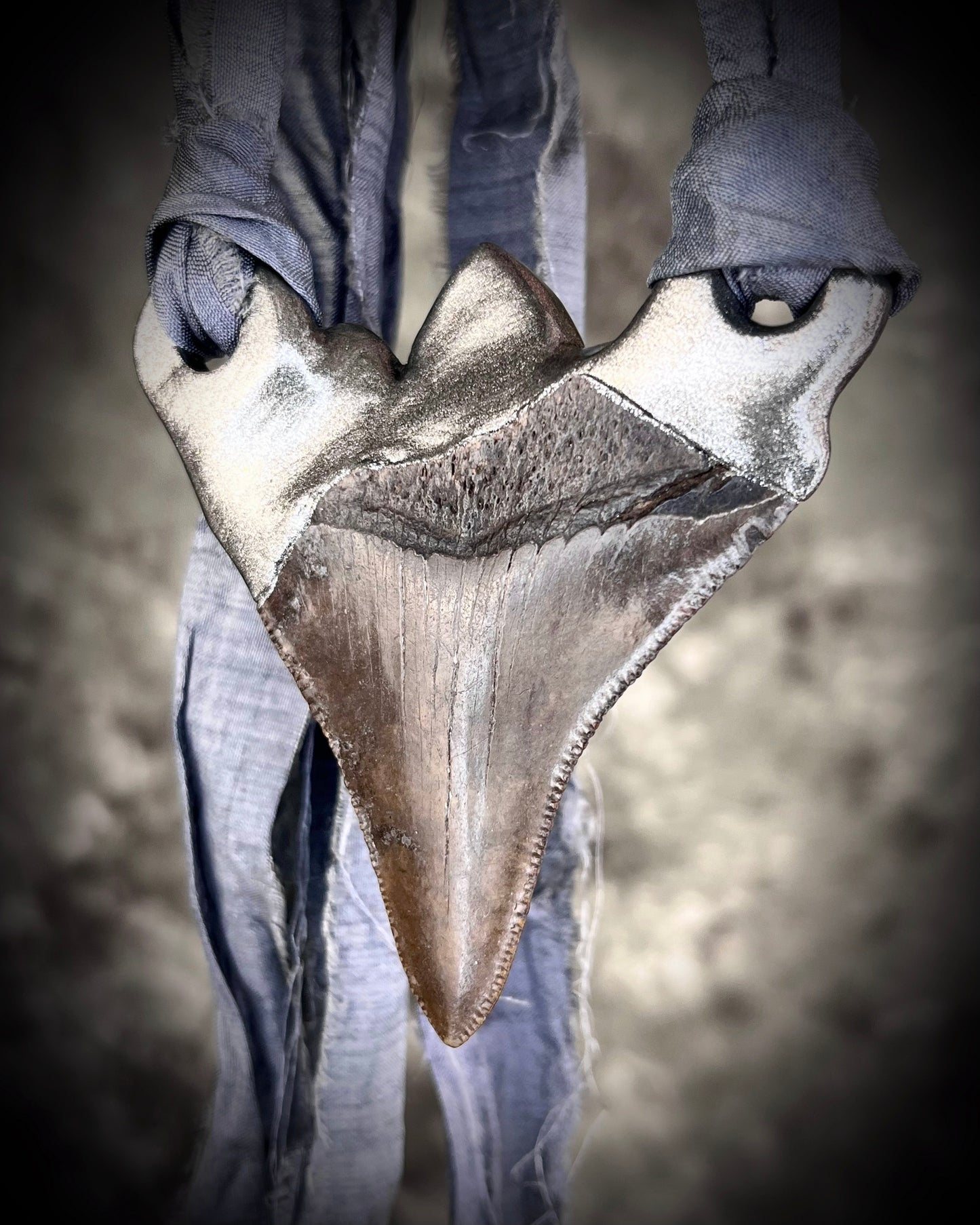Megalodon shark tooth fossil handcrafted crystal talisman featuring rainbow moonstones in silver, hung from recycled slate gray silk. Beach wedding or beach photoshoot, cosplay, fantasy film costume or everyday enchantment!