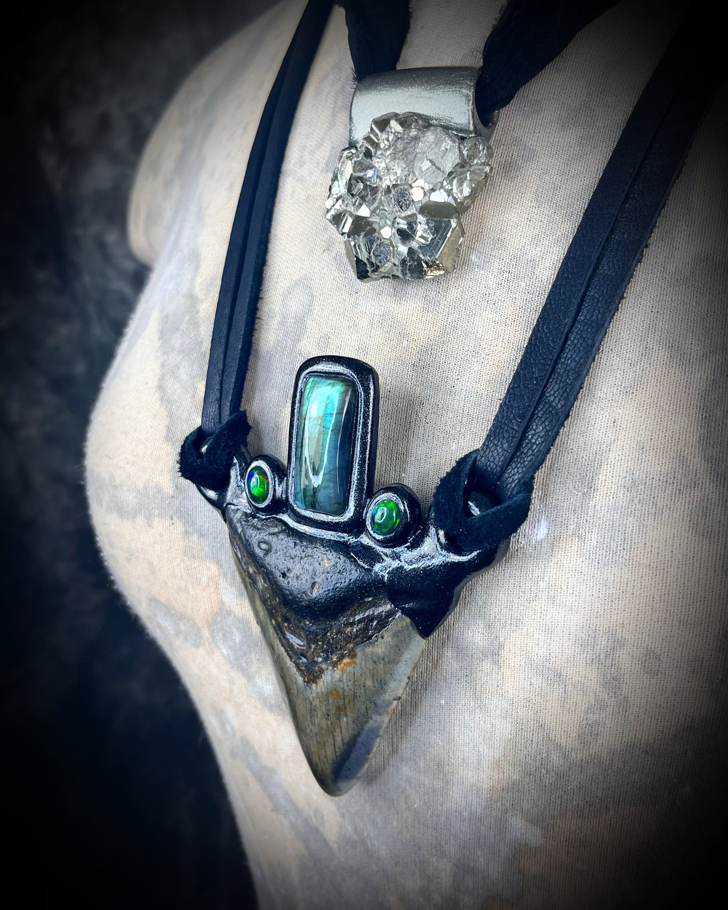 Museum level handmade genuuine Megalodon Fossil and crystal necklace with labradorite and black opals on leather. Unisex, powerful and one-of-a-kind magical jewelry.
