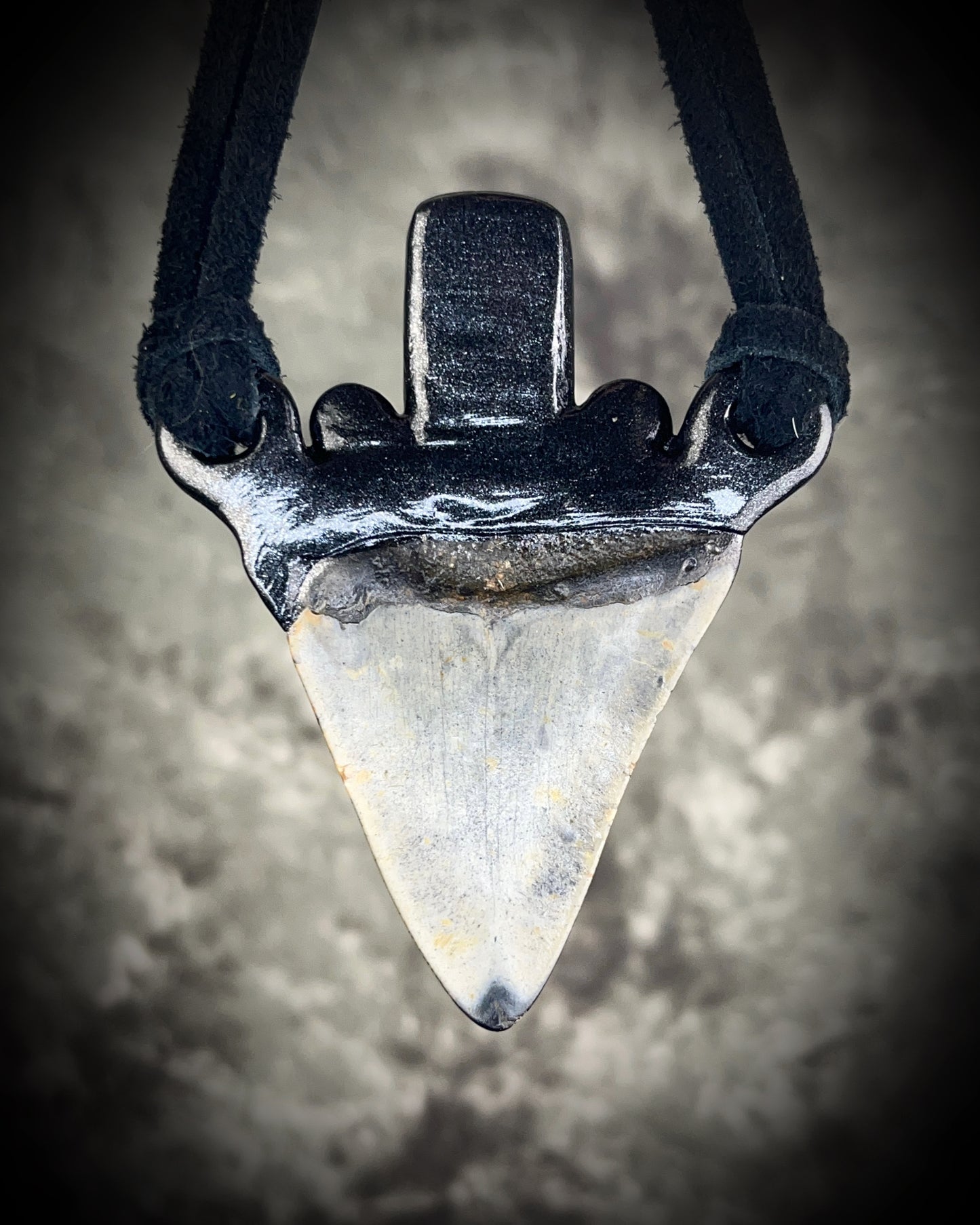 Museum level handmade genuuine Megalodon Fossil and crystal necklace with labradorite and black opals on leather. Unisex, powerful and one-of-a-kind magical jewelry.
