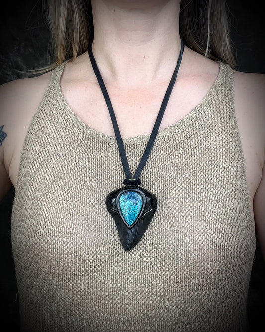 Megalodon fossil shark tooth necklace with chrysocolla stone on black leather, statement crystal talisman jewelry for protection and communication, handmade in Baltimore Maryland