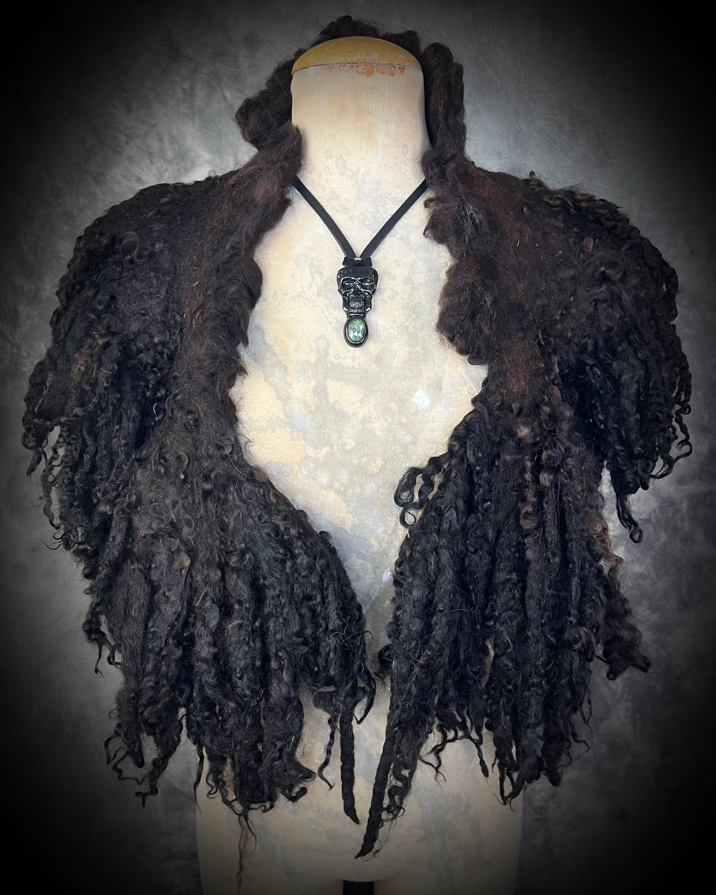 Model bust wearing black wool collar styled with Renaissance cosplay outfit — dark fantasy fall fashion.