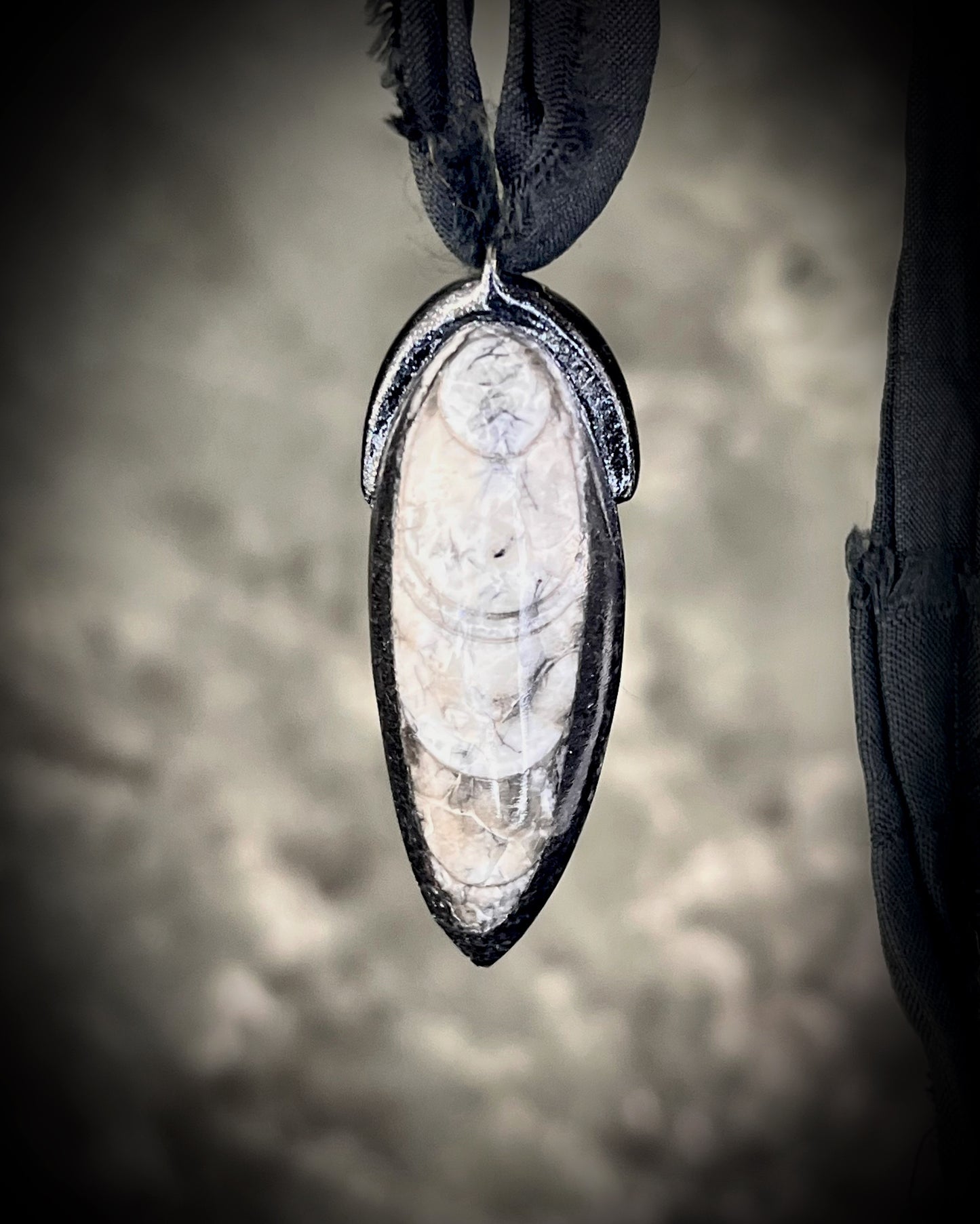 Orthoceras fosssil handmade bag charm or best friends pendant! Black and white fossil necklace on recycled silk is a versatile accessory for a car protection charm, summer or beach travel or everyday cool vibes!