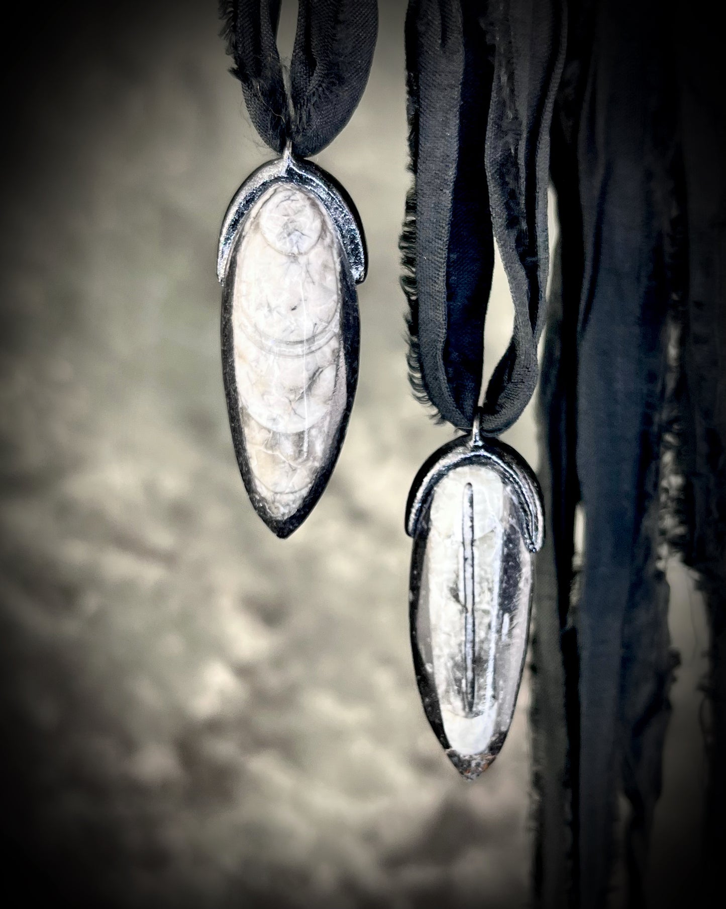 Orthoceras fosssil handmade bag charm or best friends pendant! Black and white fossil necklace on recycled silk is a versatile accessory for a car protection charm, summer or beach travel or everyday cool vibes!