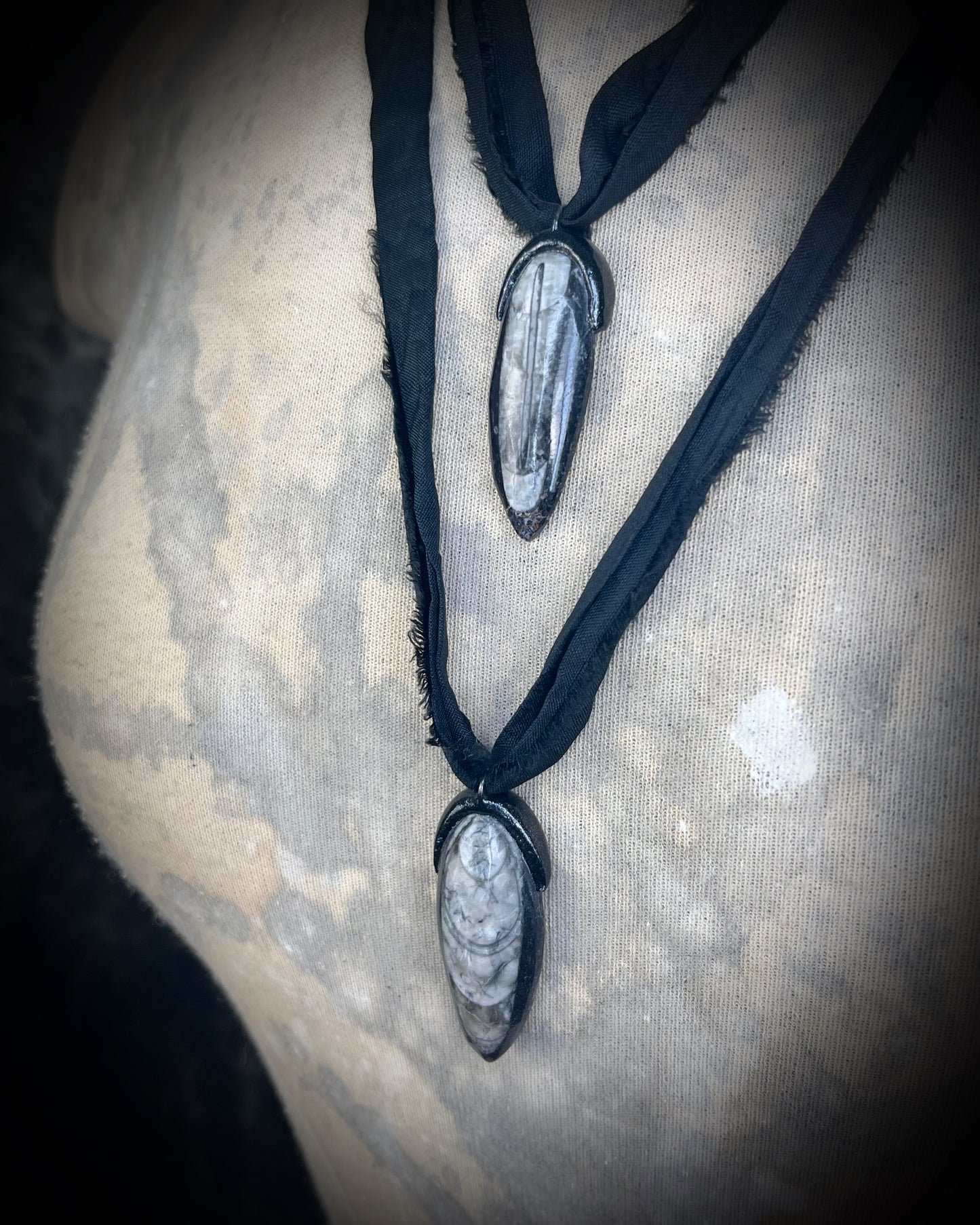Orthoceras fosssil handmade bag charm or best friends pendant! Black and white fossil necklace on recycled silk is a versatile accessory for a car protection charm, summer or beach travel or everyday boho vibes!