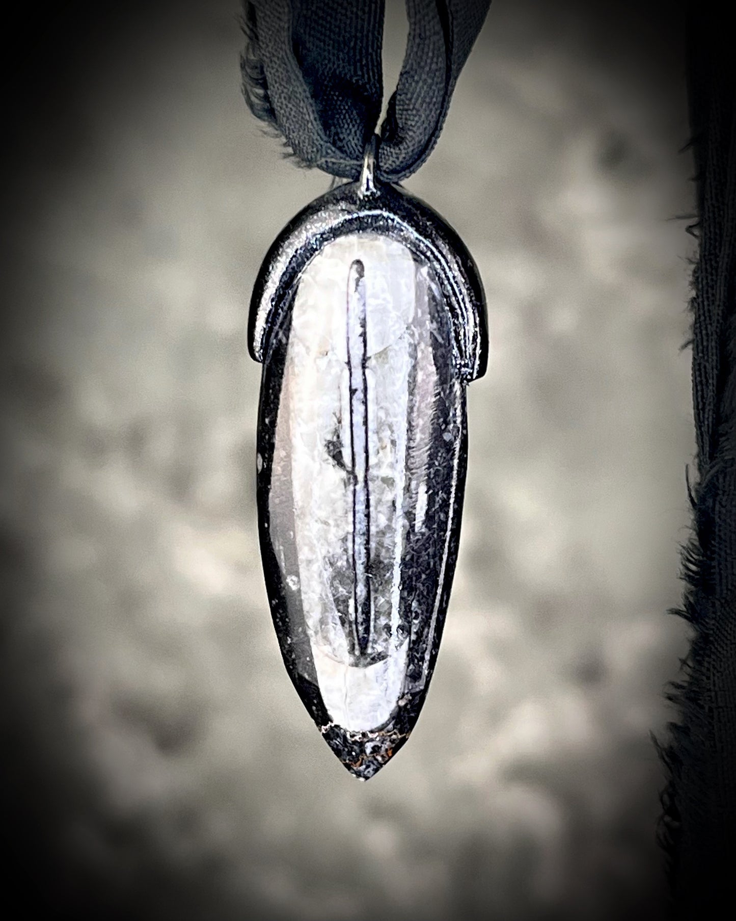 Orthoceras fosssil handmade bag charm or best friends pendant! Black and white fossil necklace on recycled silk is a versatile accessory for a car protection charm, summer or beach travel or everyday cool vibes!