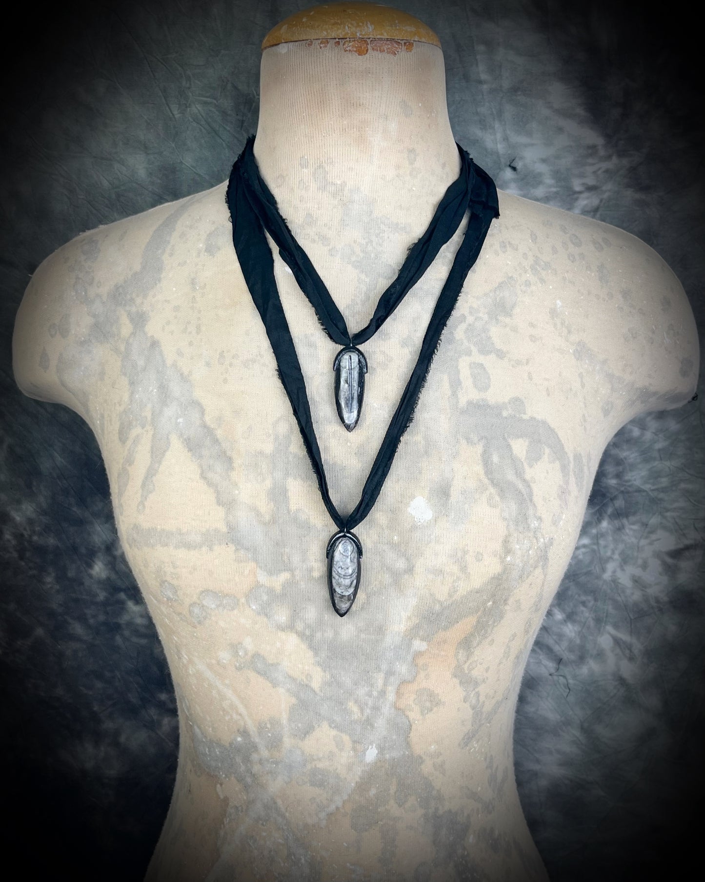 Orthoceras fosssil handmade bag charm or best friends pendant! Black and white fossil necklace on recycled silk is a versatile accessory for a car protection charm, summer or beach travel or everyday cool vibes!