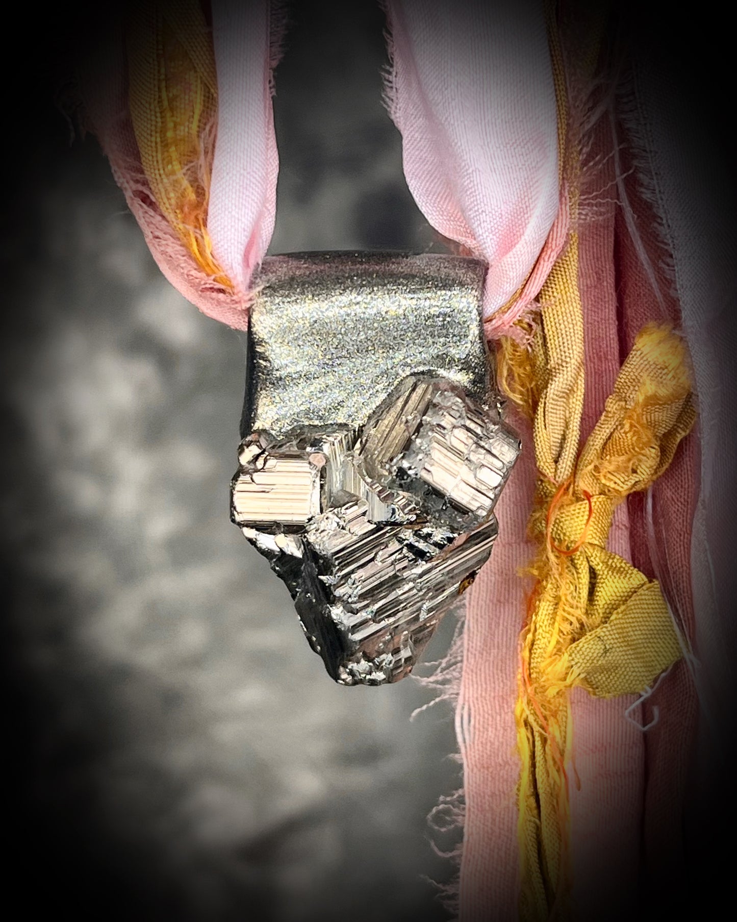 Pyrite Chunky raw gemstone necklace for summer 2025 festival season and travel jewelry. Modern maximalist jewelry. Recycled silk textile jewelry.