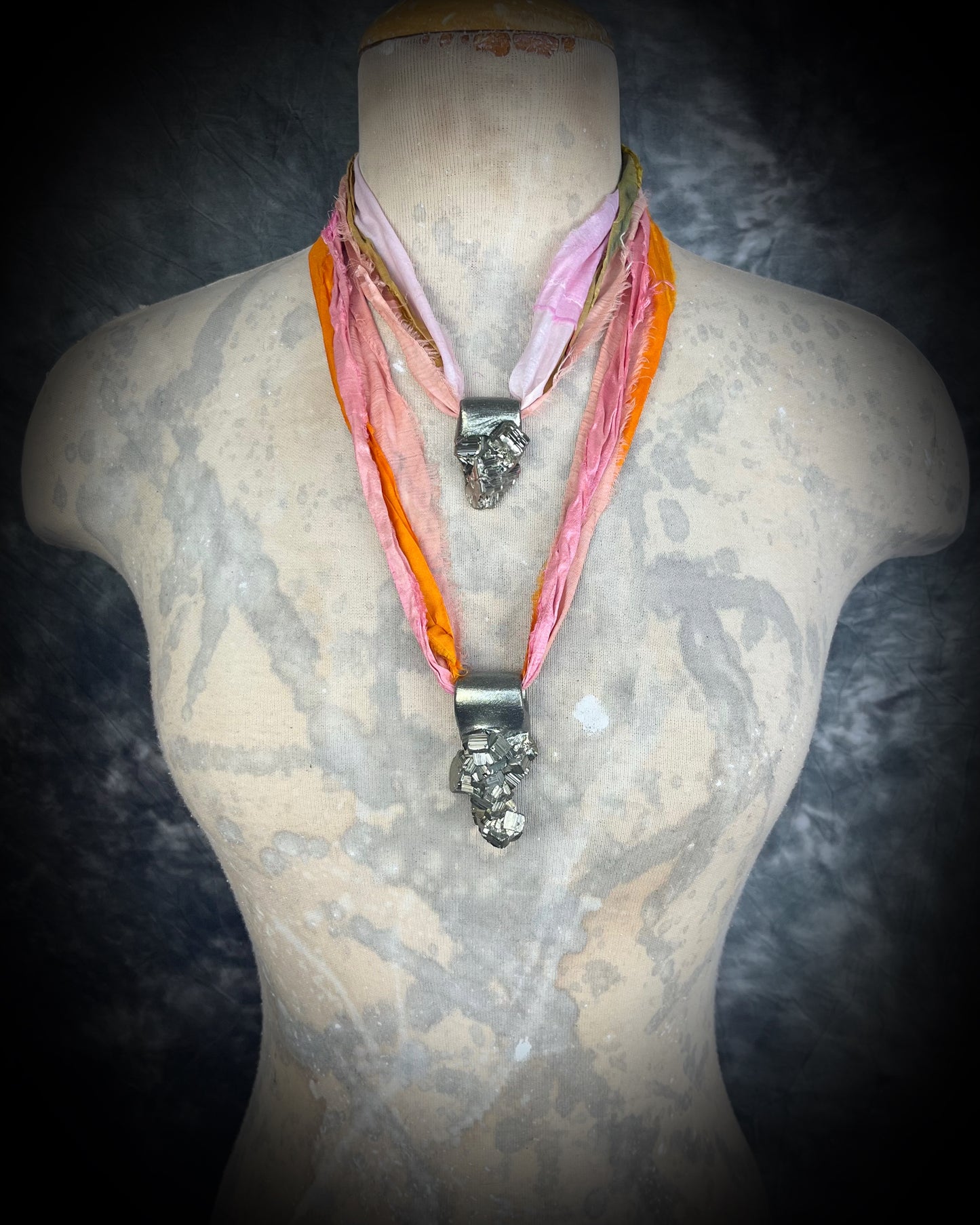Pyrite Chunky raw gemstone necklace for summer 2025 festival season and travel jewelry. Modern maximalist jewelry. Recycled silk textile jewelry.