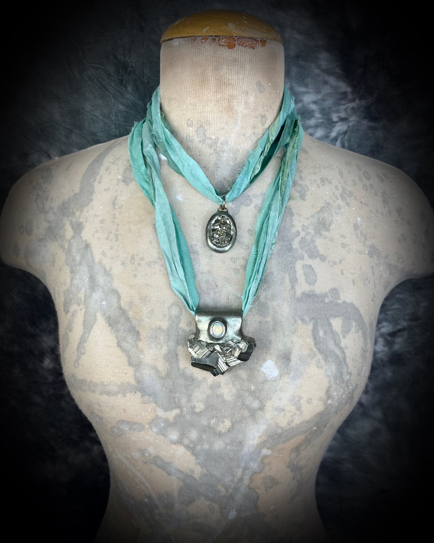 Pyrite crystal handmade necklace on aqua recycled silk for boho summer adventures and manifesting magic, best sustainable festival jewelry for summer adventures and eco-friendly parties