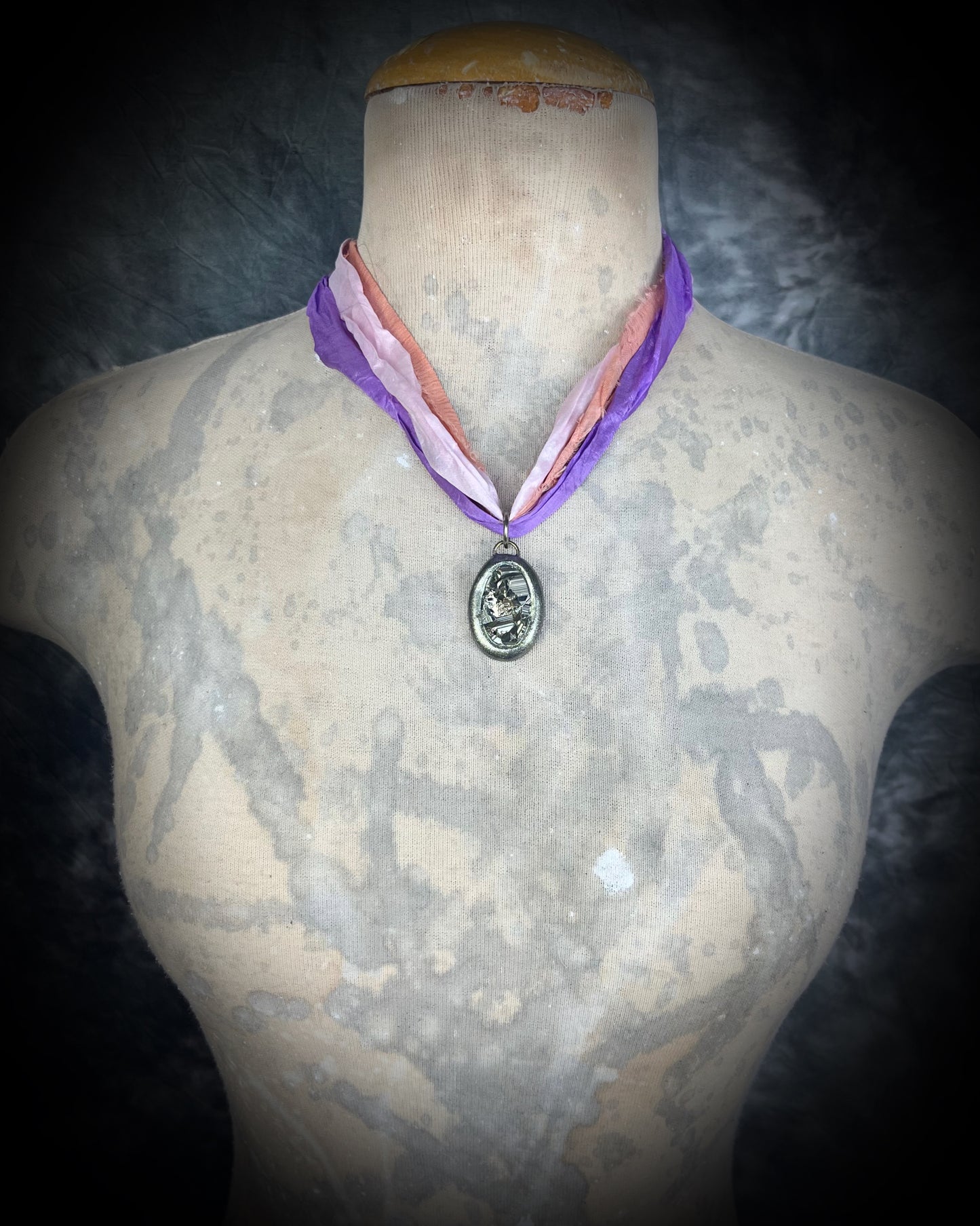 Pyrite crystal handmade necklace on pink and purple recycled silk for boho summer adventures and manifesting magic, best sustainable festival jewelry for summer adventures and eco-friendly parties