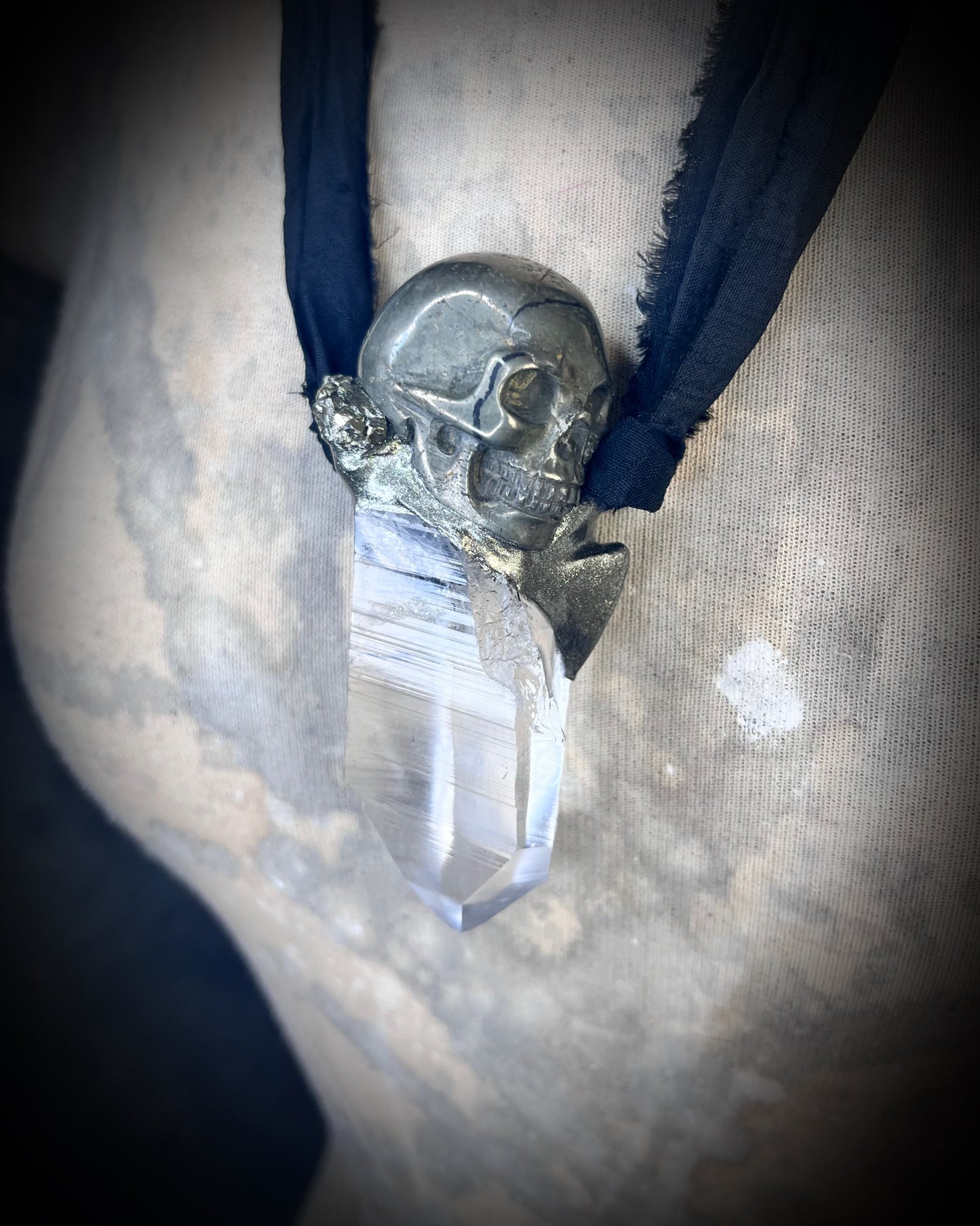 Pyrite skull pendant necklace with raw quartz crystal on black recycled silk, gothic crystal jewelry, handmade mystical talisman.