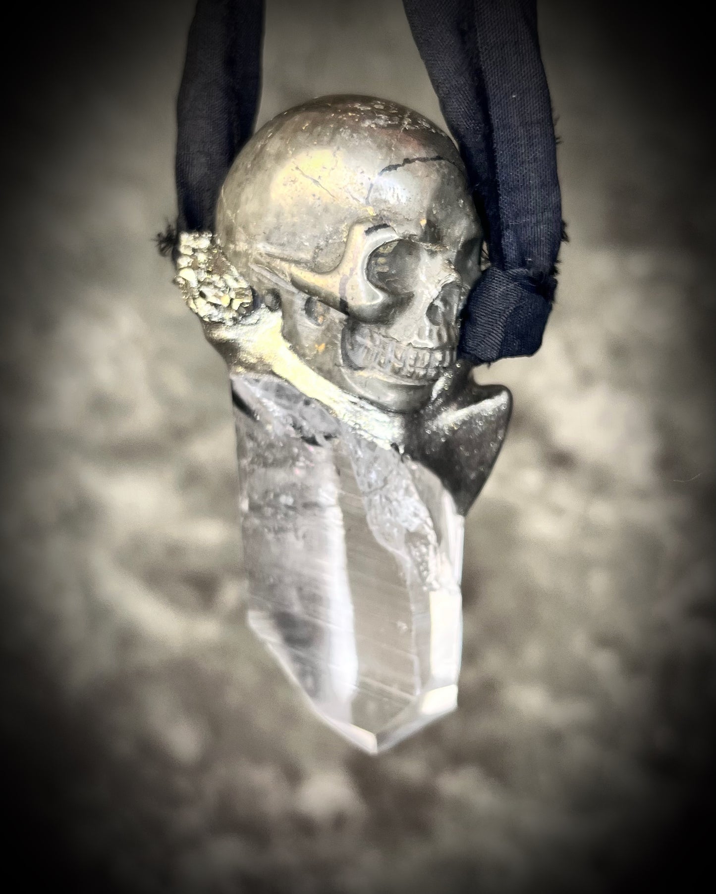 Pyrite skull pendant necklace with raw quartz crystal on black recycled silk, gothic crystal jewelry, handmade mystical talisman.