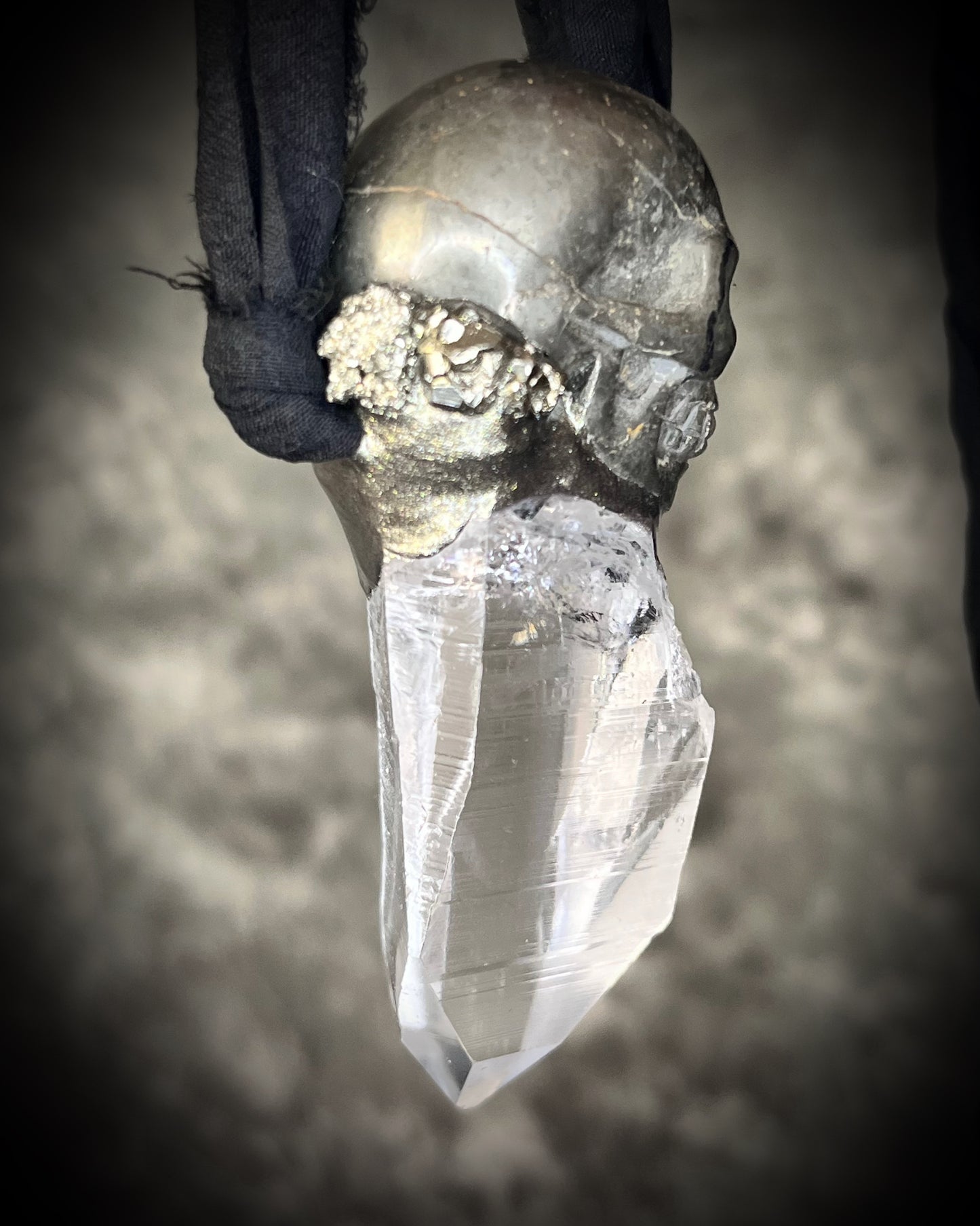 Pyrite skull pendant necklace with raw quartz crystal on black recycled silk, gothic crystal jewelry, handmade mystical talisman.