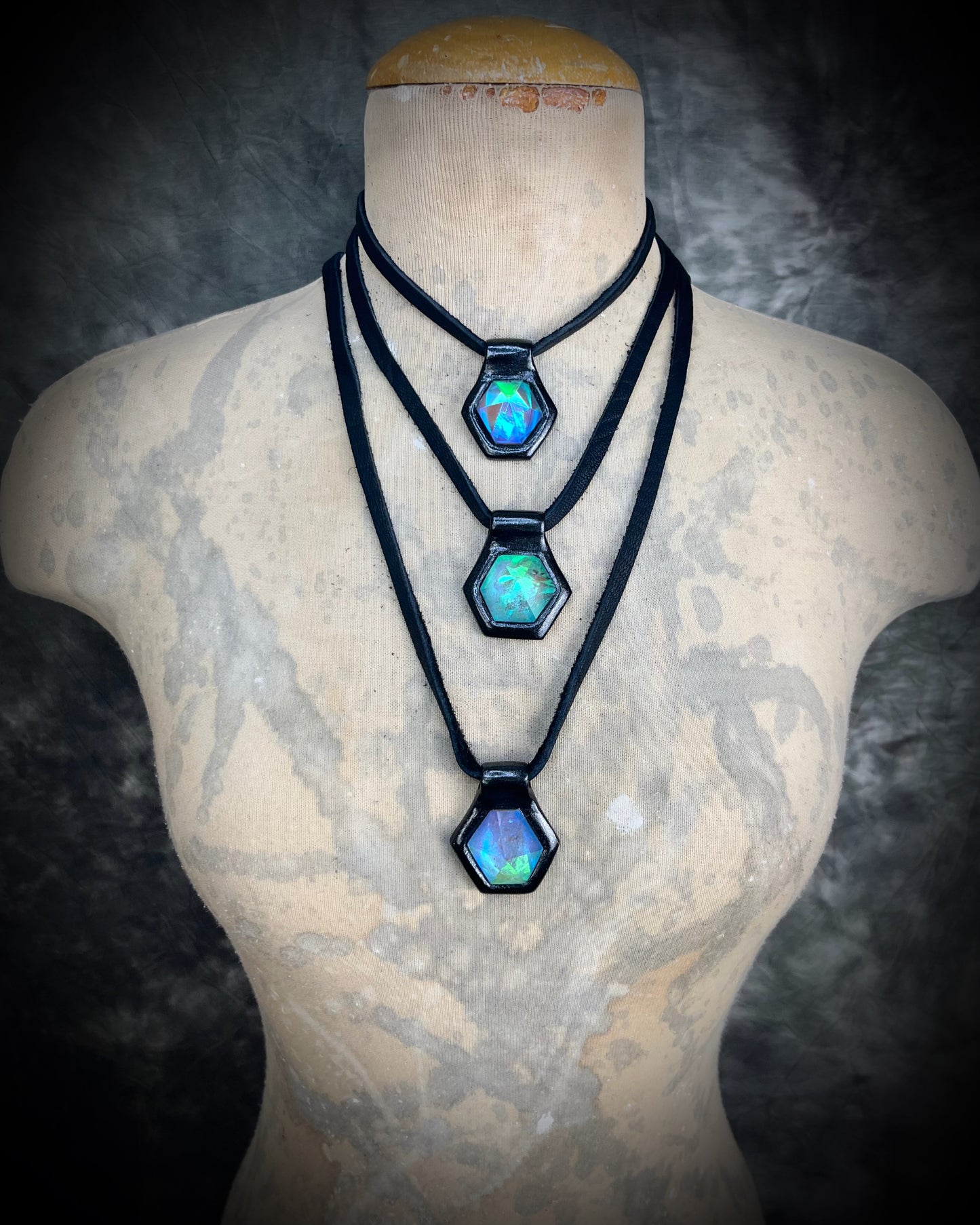 Handmade Quartz siren talisman, reminiscent of sunken treasure. Aqua flash crystal necklace with black leather, perfect for witchy, mystical babes with a modern mermaid flair, summer festival jewelry, travel jewelry or bridesmaid gifting.