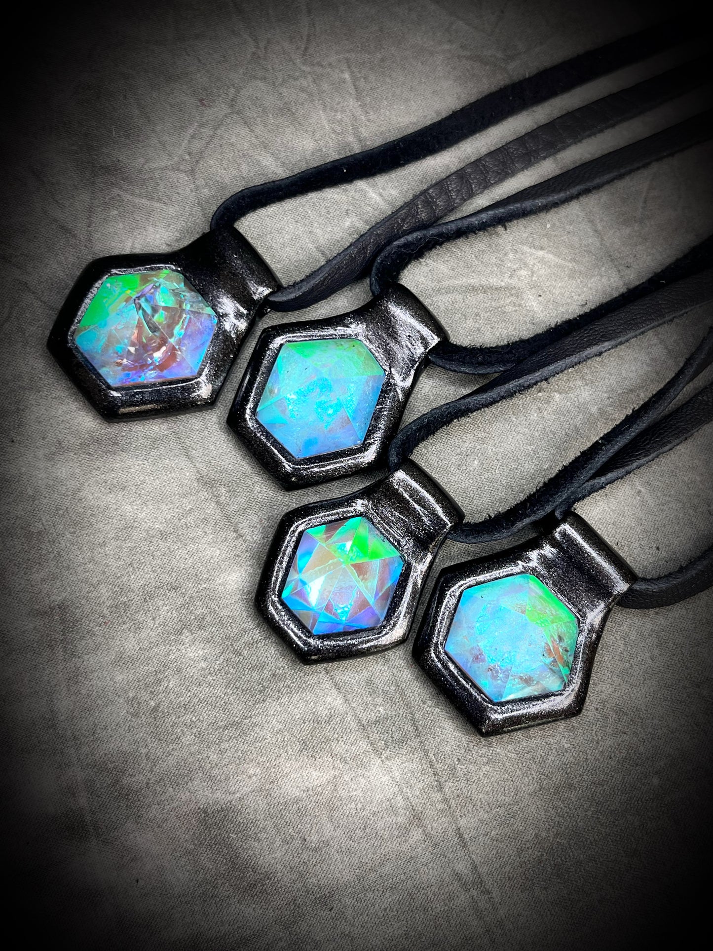 Handmade Quartz siren talisman, reminiscent of sunken treasure. Aqua flash crystal necklace with black leather, perfect for witchy, mystical babes with a modern mermaid flair, summer festival jewelry, travel jewelry or bridesmaid gifting.