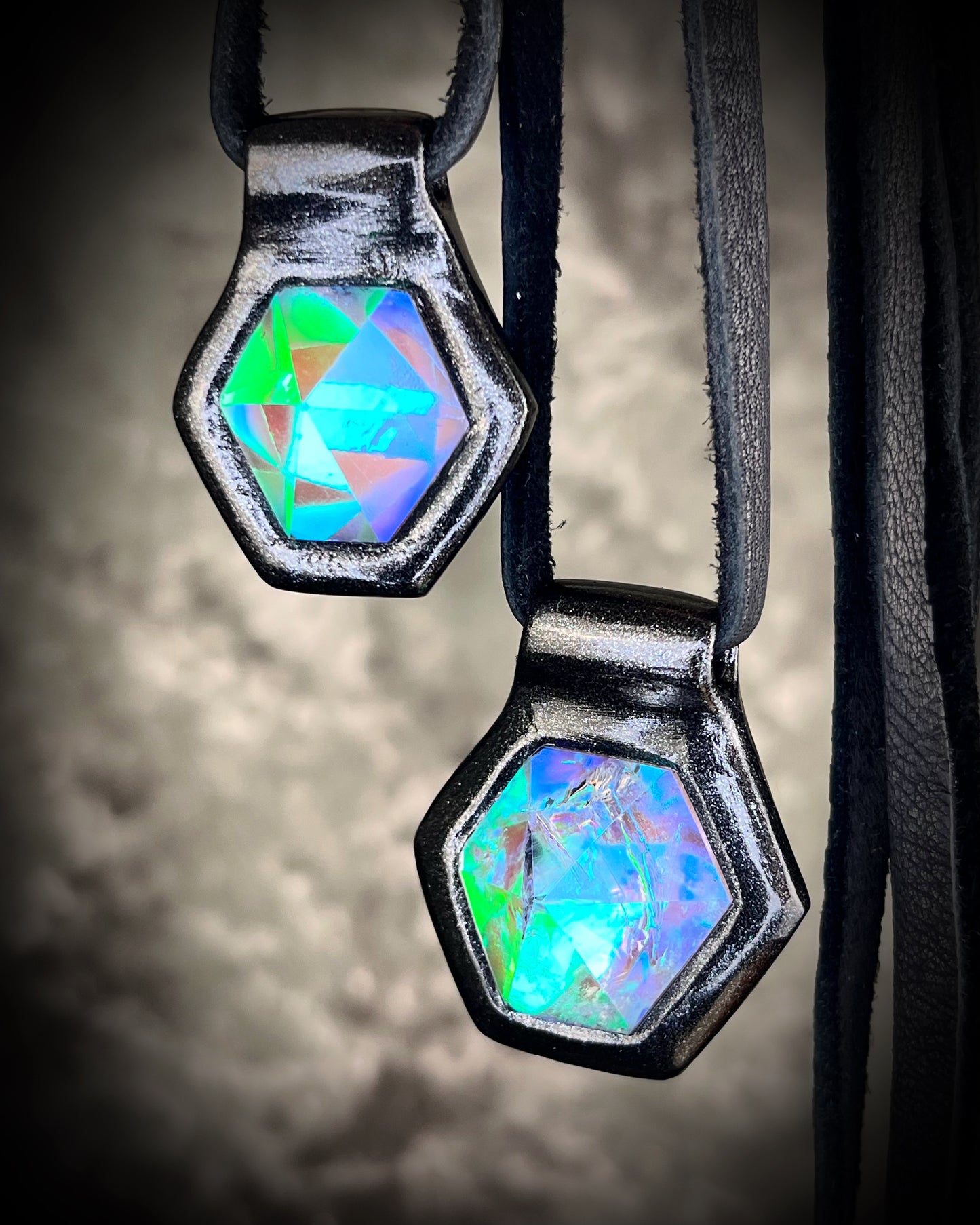 Handmade Quartz siren talisman, reminiscent of sunken treasure. Aqua flash crystal necklace with black leather, perfect for witchy, mystical babes with a modern mermaid flair, summer festival jewelry, travel jewelry or bridesmaid gifting.