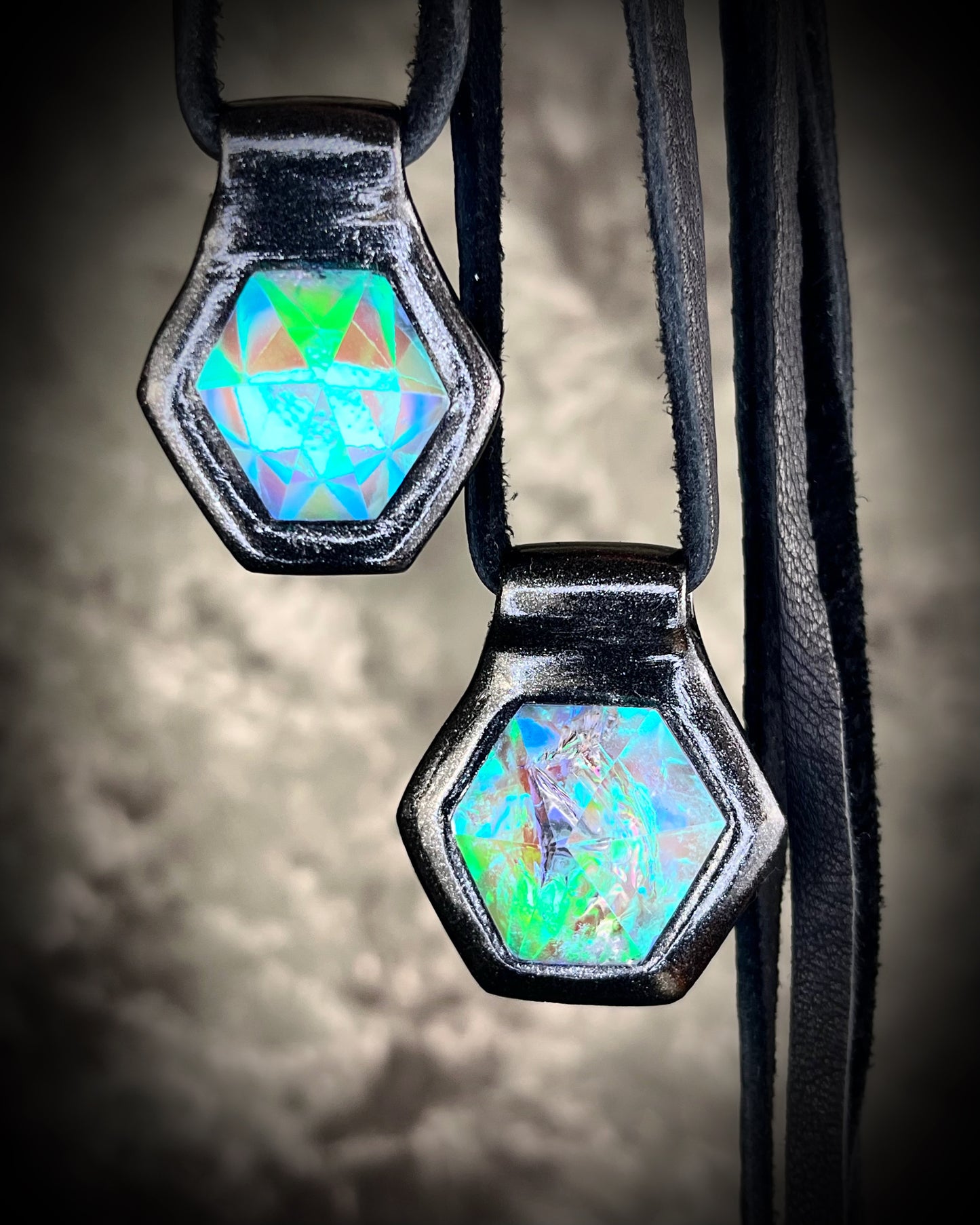 Handmade Quartz siren talisman, reminiscent of sunken treasure. Aqua flash crystal necklace with black leather, perfect for witchy, mystical babes with a modern mermaid flair, summer festival jewelry, travel jewelry or bridesmaid gifting.