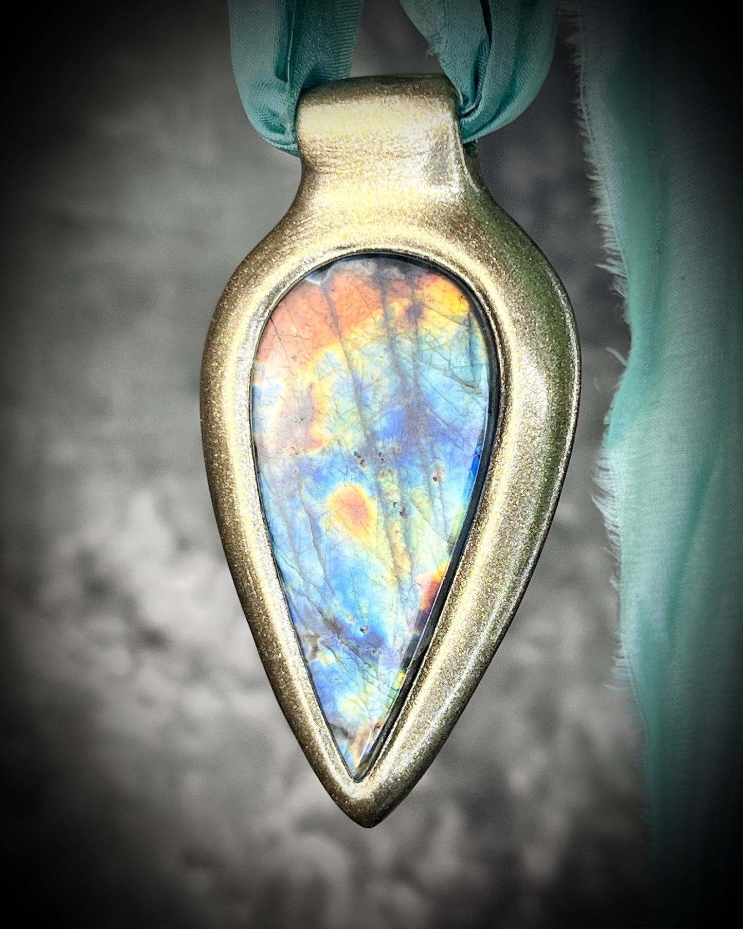 Rainbow Labradorite gemstone crystal healing talisman in Gold. Handmade sculptural necklace gift for her on recycled silk for the eco-friendly goddess!