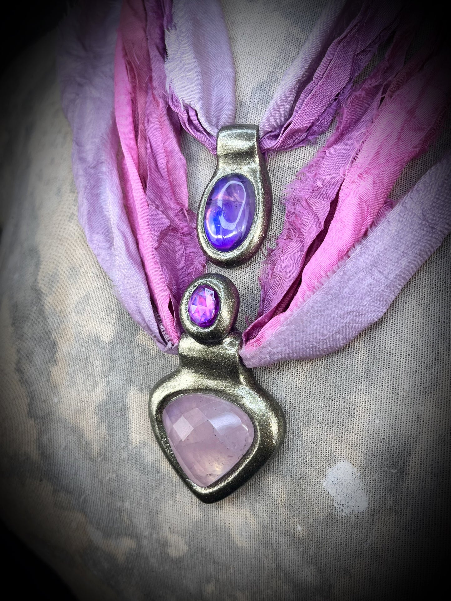 Faceted Rose Quartz and Pink Zircon handmade crystal healing gemstone gift for her. Hung from recycled silk, this heart chakra talisman is perfect for bridal shower, pregnancy jewelry, beach photoshoot, summer travel jewelry or everyday magic!