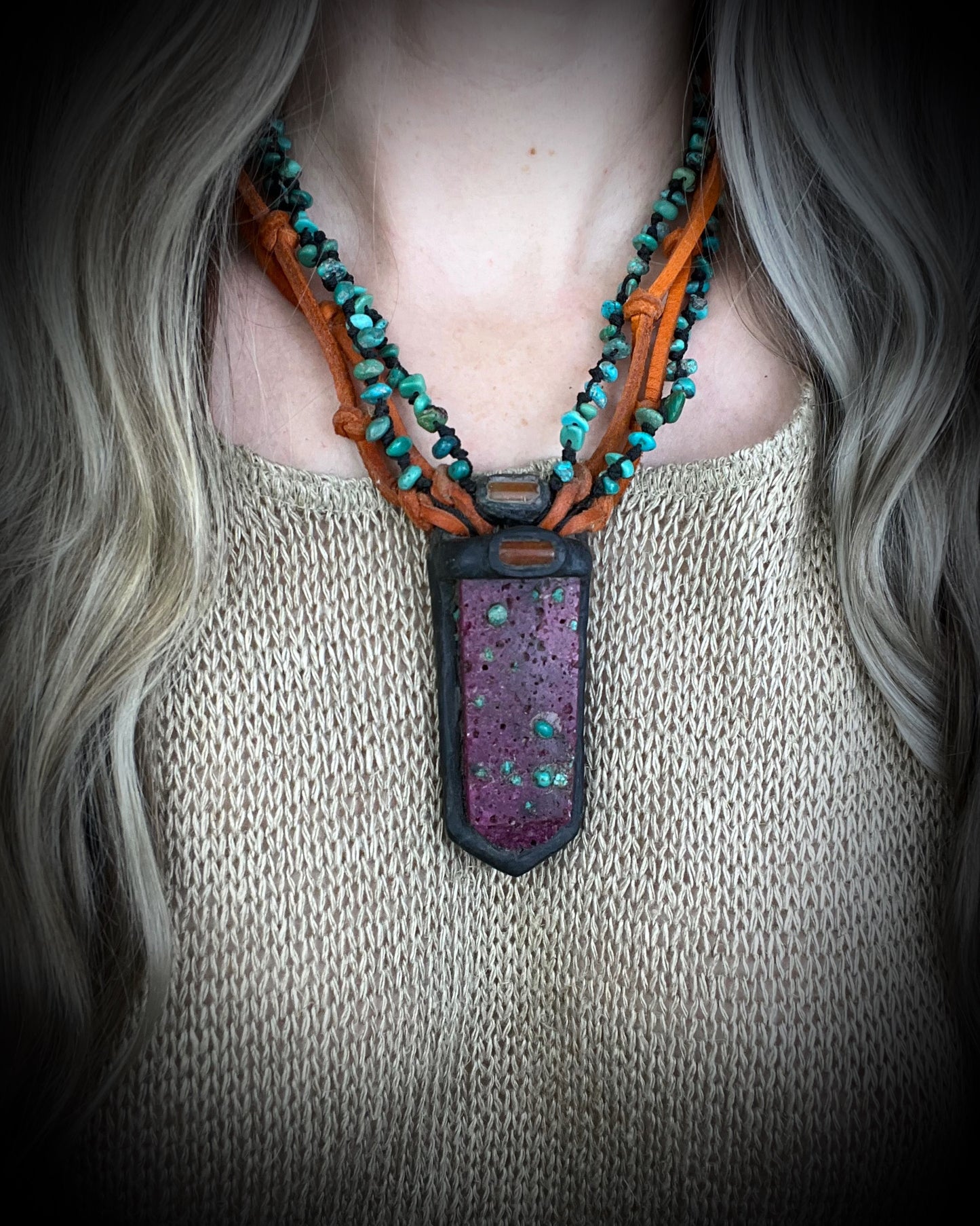 Ruby talisman with inlaid Turquoise and Carnelian on orange leather with black turquoise beaded collar and handmade metal clasp. Creative Holiday Gift for Her
