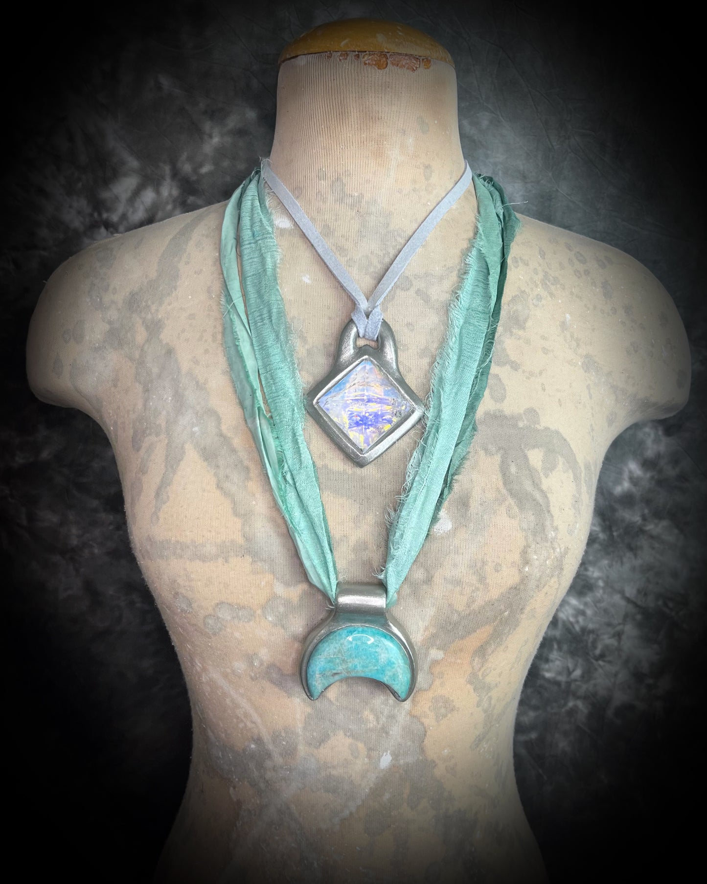 Silver amazonite crescent moon pendant on aqua recycled silk ribbon, celestial crystal necklace, mystical boho jewelry, handmade statement talisman.