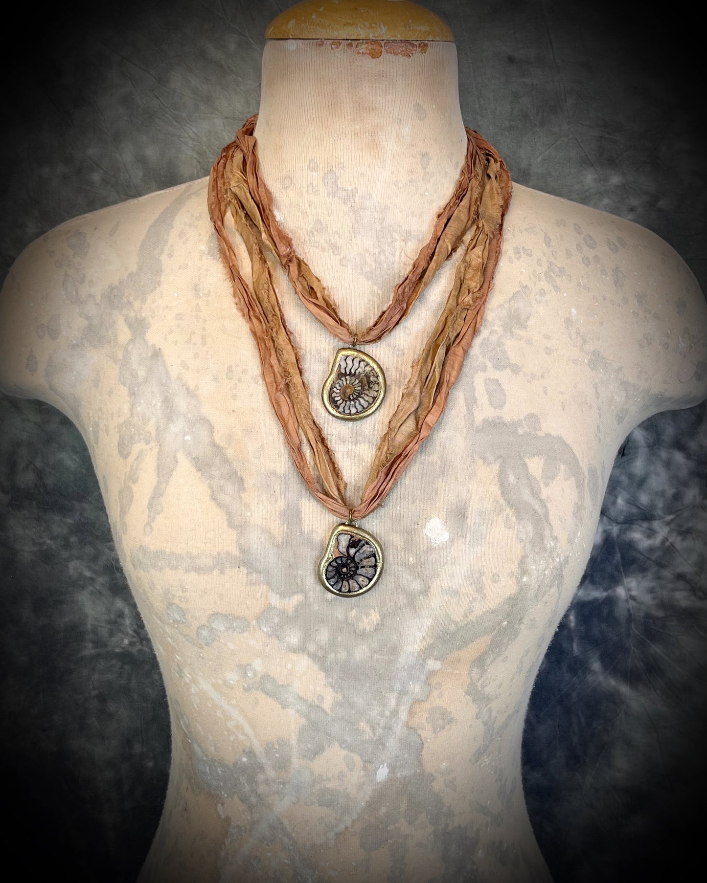 Handmade best friends fossil ammonite necklaces, matching pair ammolite charms, recycled silk sustainable festival jewelry, bag, purse, or besties charms.