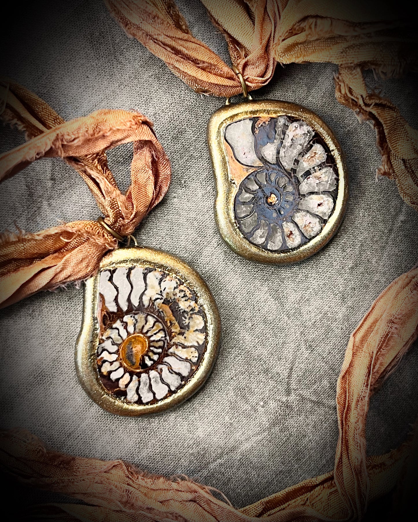 Handmade best friends fossil ammonite necklaces, matching pair ammolite charms, recycled silk sustainable festival jewelry, bag, purse, or besties charms.
