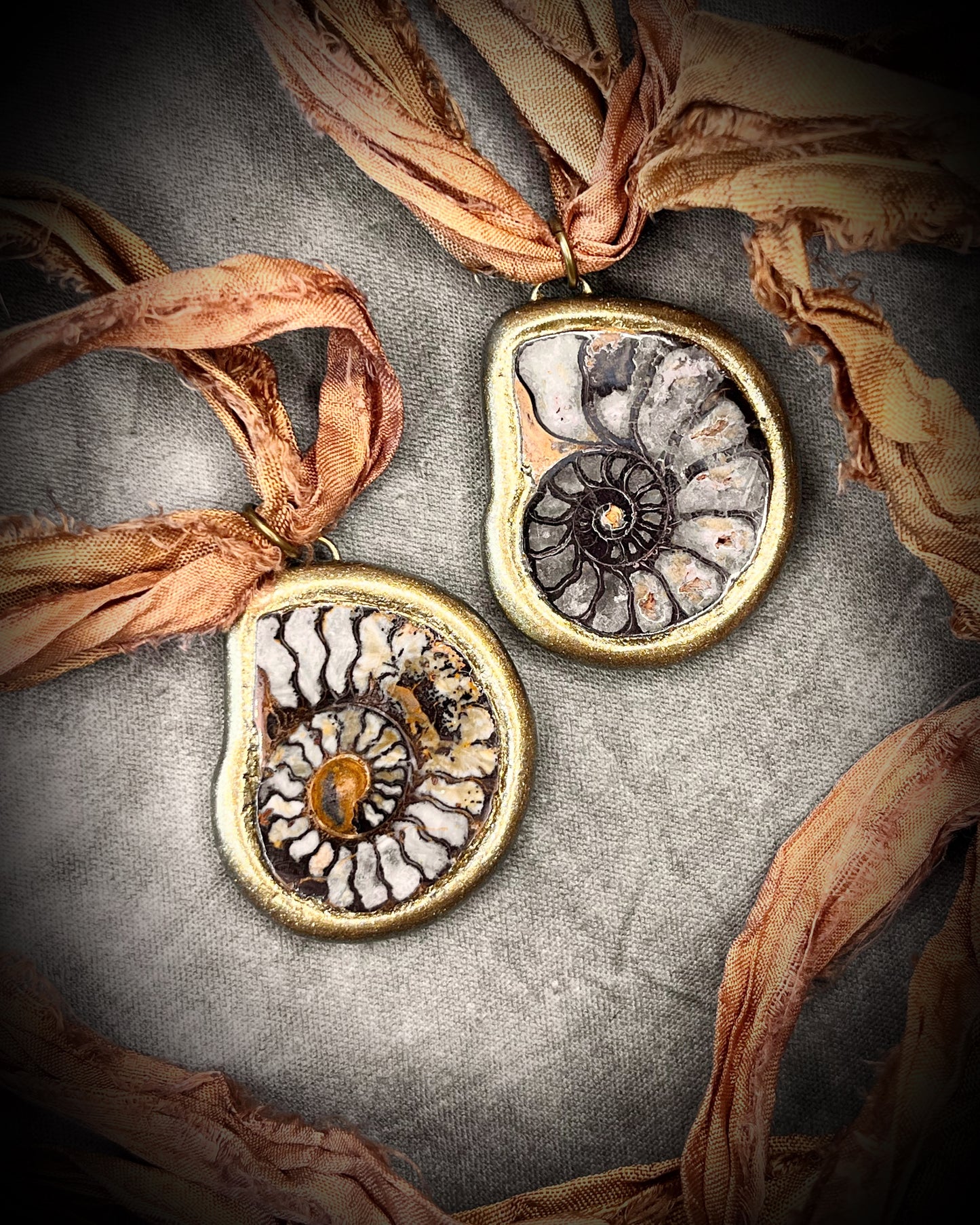 Handmade best friends fossil ammonite necklaces, matching pair ammolite charms, recycled silk sustainable festival jewelry, bag, purse, or besties charms.