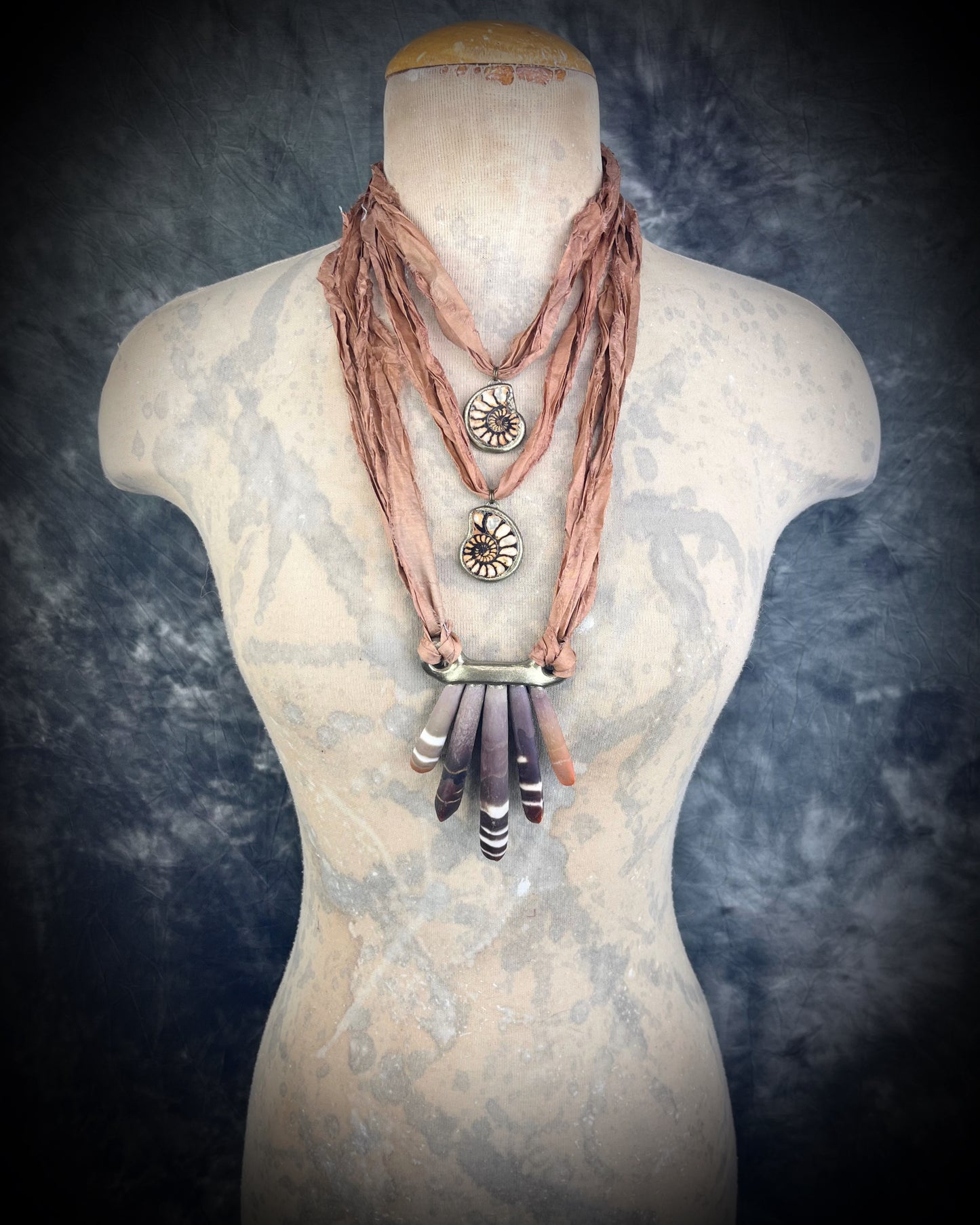 Handmade best friends fossil ammonite necklaces, matching pair ammolite charms, recycled silk sustainable bag or besties charms.