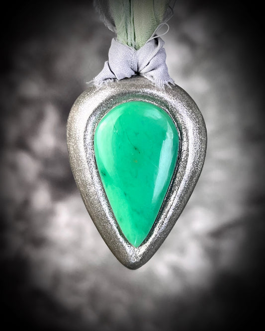 Teardrop-shaped green chrysoprase gemstone necklace on grey and aqua recycled silks. Best spiritual gift for her fall 2025. Bohemian crystal healing handmade jewelry.