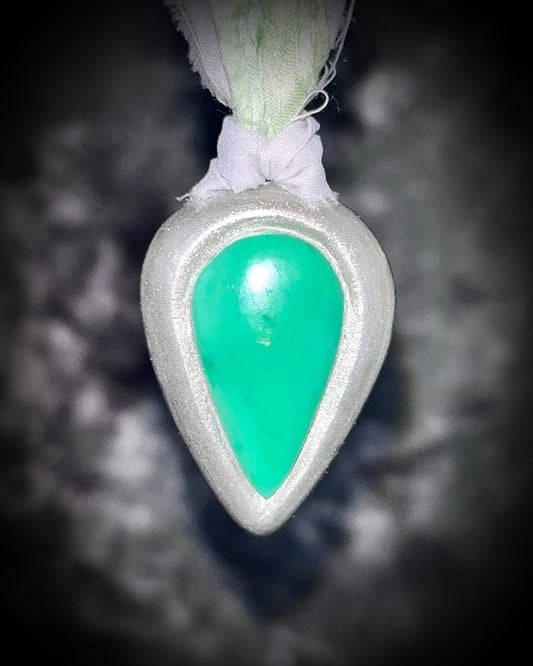 Teardrop-shaped green chrysoprase gemstone pendant on grey and aqua recycled silks. Best spiritual gift for her fall 2025. Bohemian crystal healing handmade jewelry.