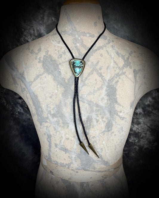 Turquoise handmade bolo tie for him with gold finish on black leather. Boho western bolo tie necklace for spiritual rebels.
