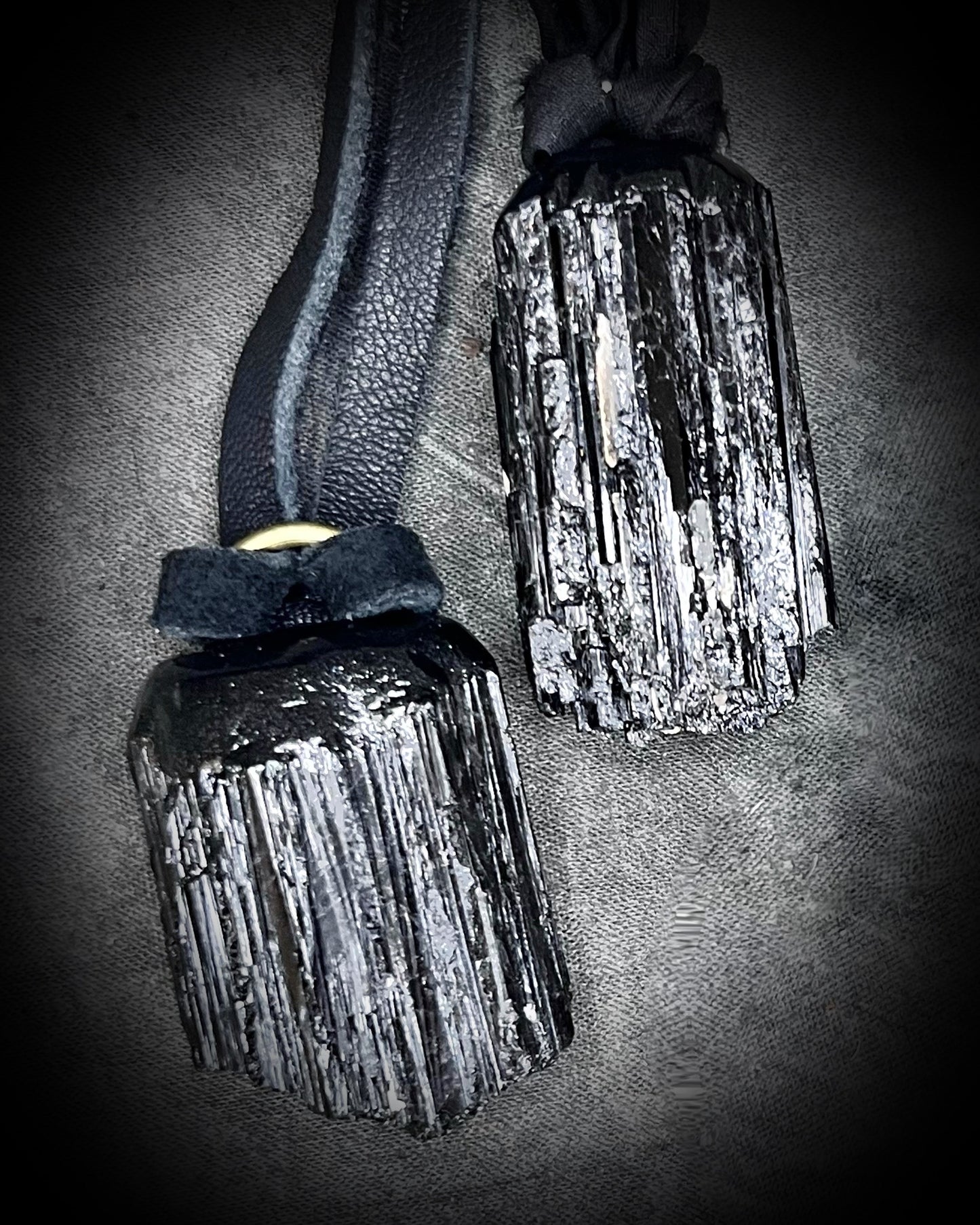 Two black tourmaline gemstone protection talisman necklaces. Grounding and emf protection necklaces on recycled silk or black leather. Black on black gothic gift for her.