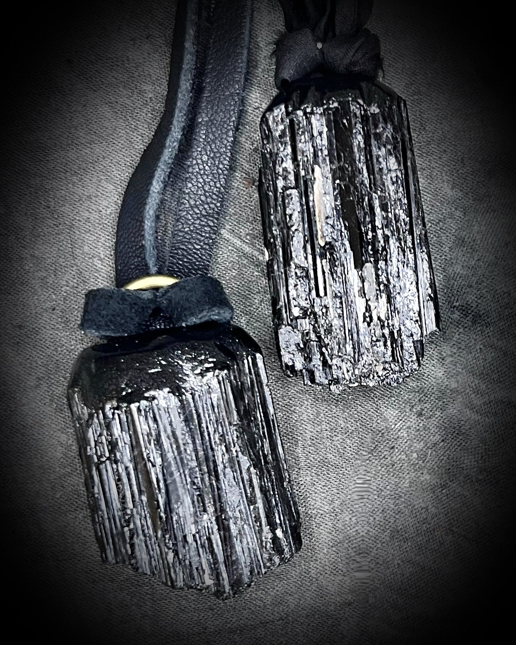 Two black tourmaline gemstone protection talisman necklaces. Grounding and emf protection necklaces on recycled silk or black leather. Black on black gothic gift for her.