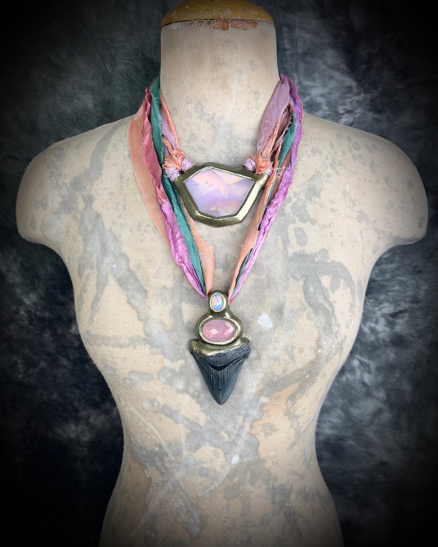 Megalodon fossil handmade necklace featuring rose quartz and a sparkling opal! Best jewelry in Baltimore, one-of-a-kind fossil and gemstone jewelry and unique gift for her!
